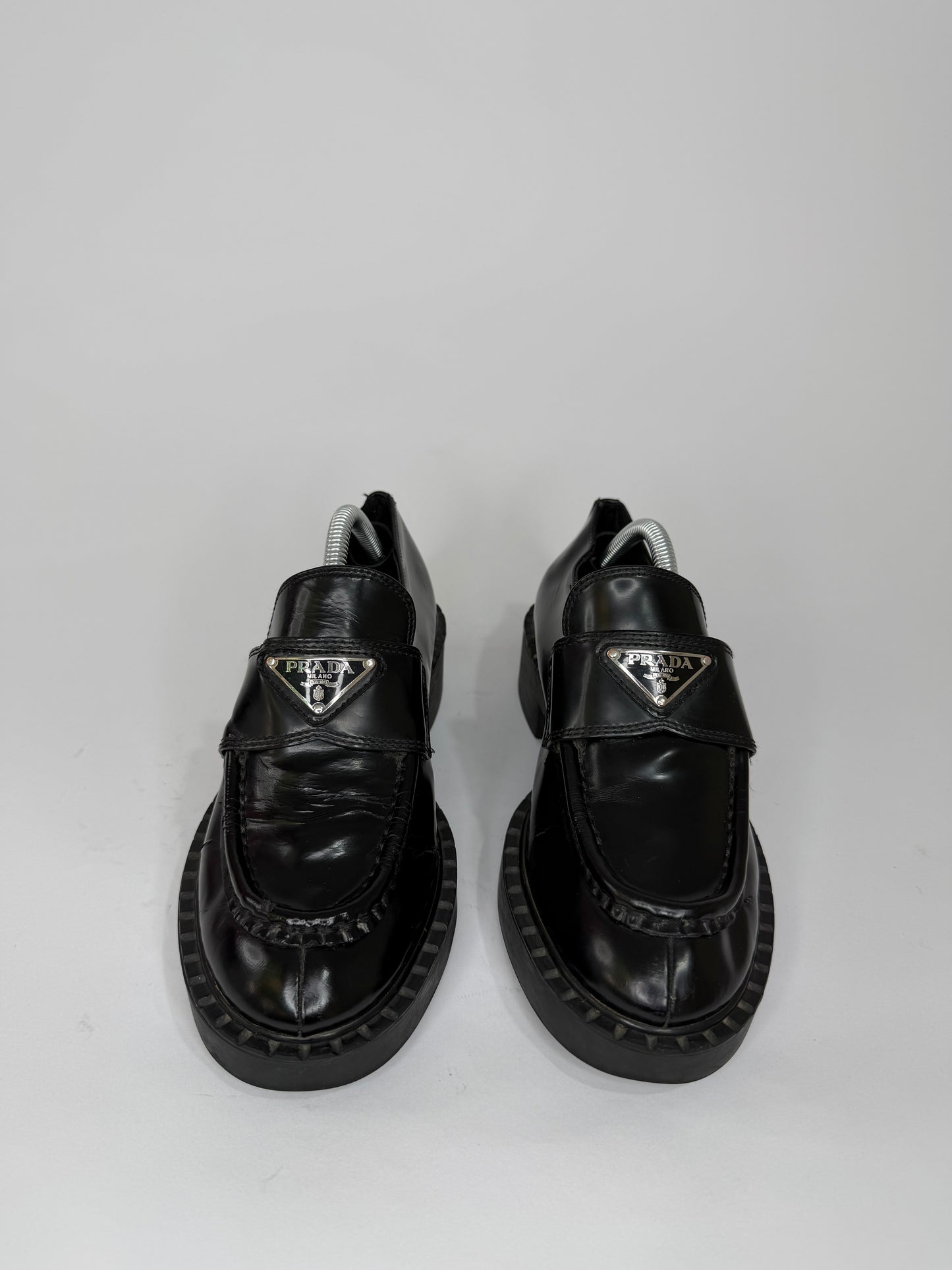 PRADA Vernice Metal Triangle Logo 50mm Loafers Size 35 EU/5 US/ 2UK