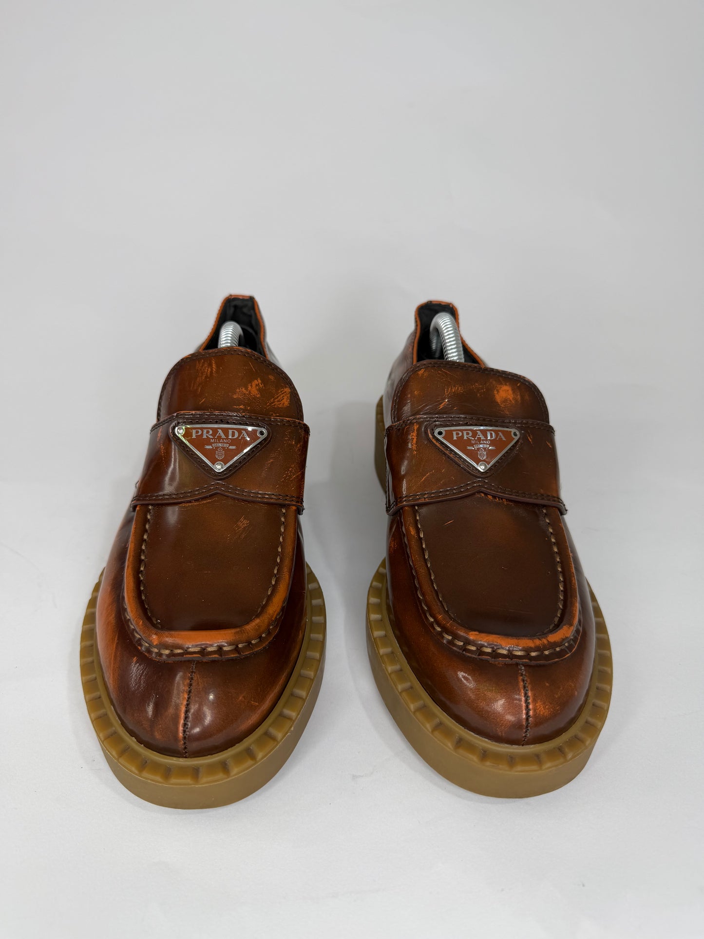 PRADA Vernice Metal Triangle Logo 50mm Loafers Size 37 EU/7 US/ 4 UK