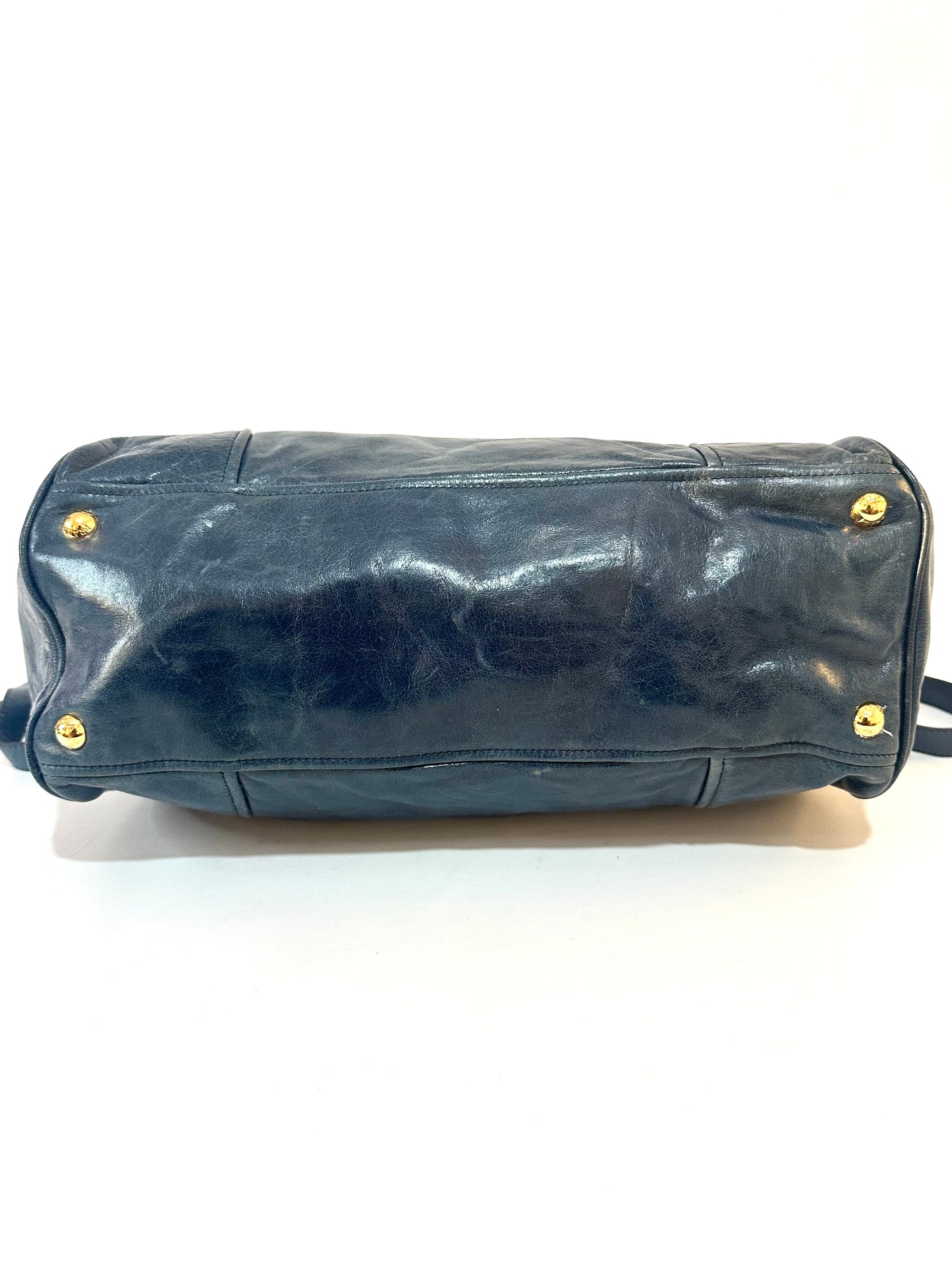 PRADA
Denim Blue Vitello Shine Leather Bauletto Bag