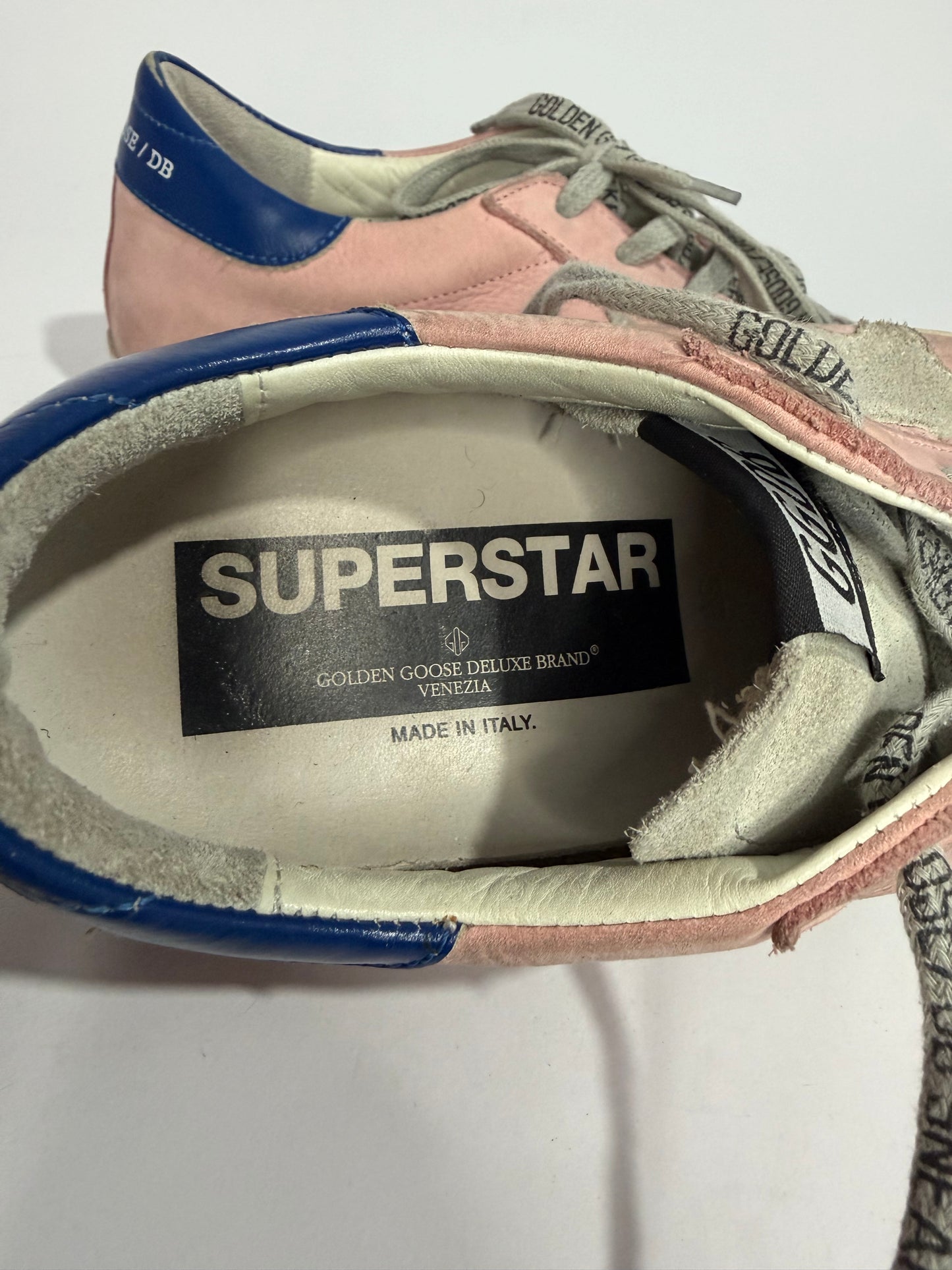Golden Goose Superstar Pink Suede & Blue Heel Tab Distressed Sneakers Size 37 EU/ 7 US/ 4 UK