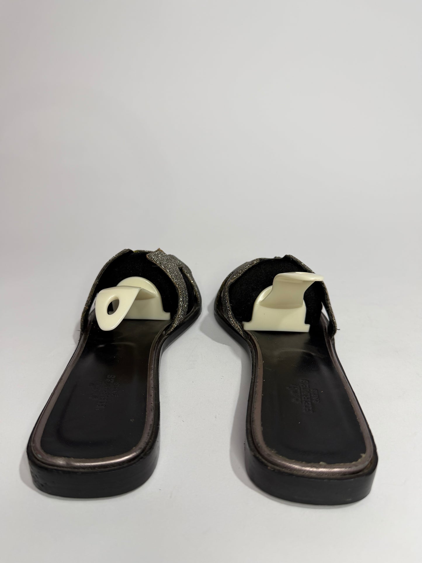 Hermes Silver/Black Suede And Glitter Oran Slide Flats Size 39 EU/ 9 US