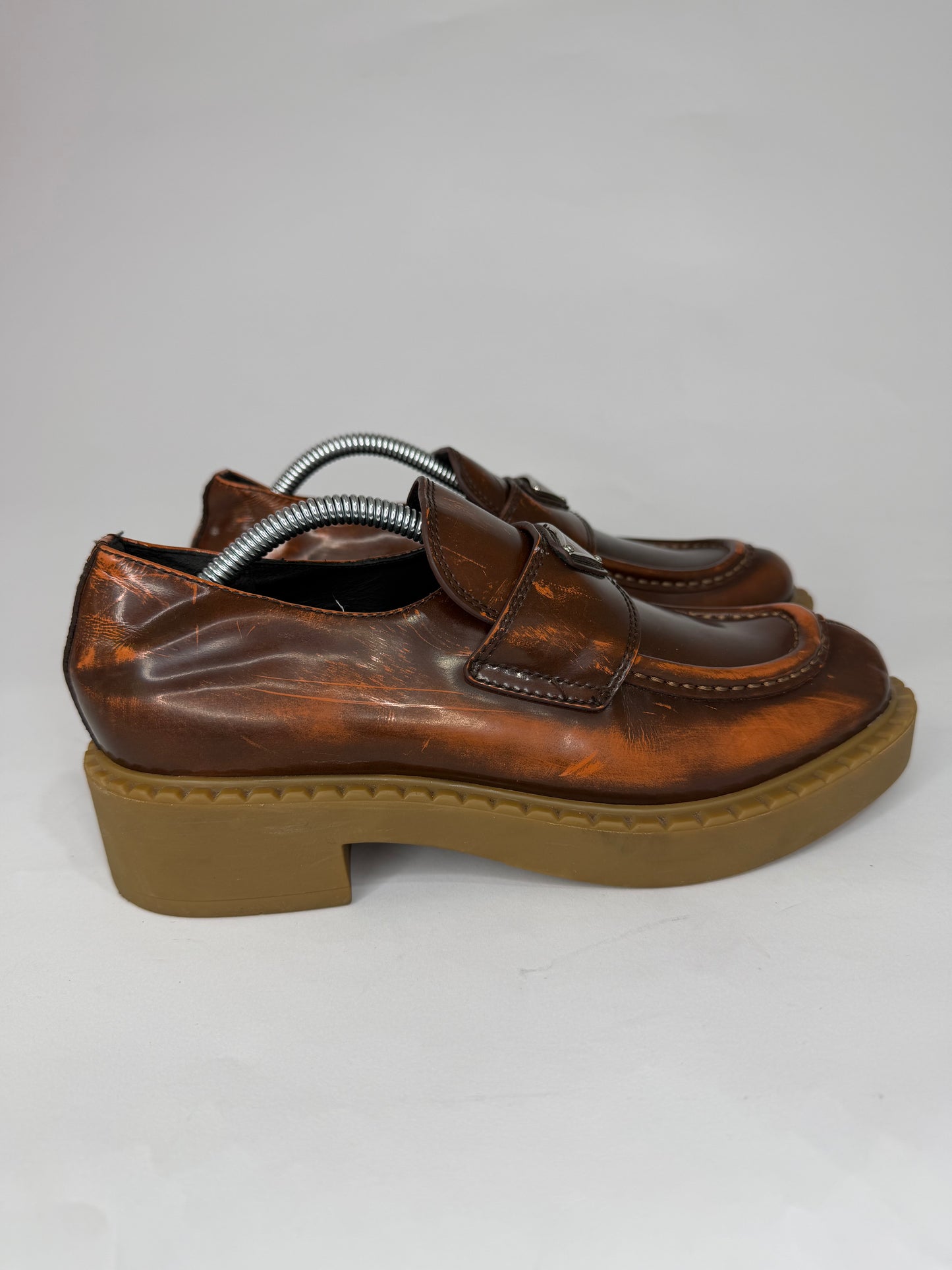 PRADA Vernice Metal Triangle Logo 50mm Loafers Size 37 EU/7 US/ 4 UK