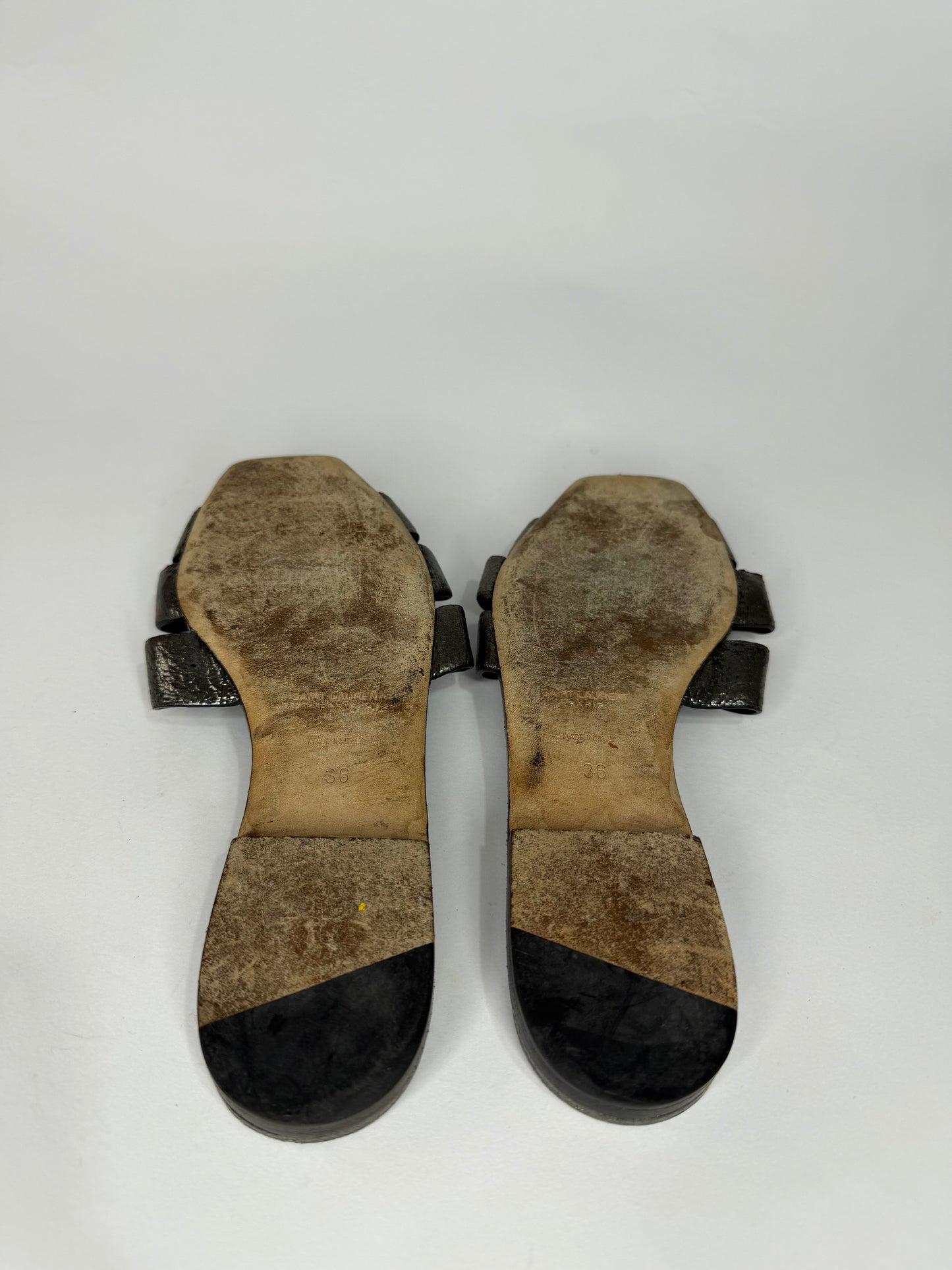 Saint Laurent Paris Silver Leather Tribute Flat Sandals Size 36 EU/ 6 US / 3 UK