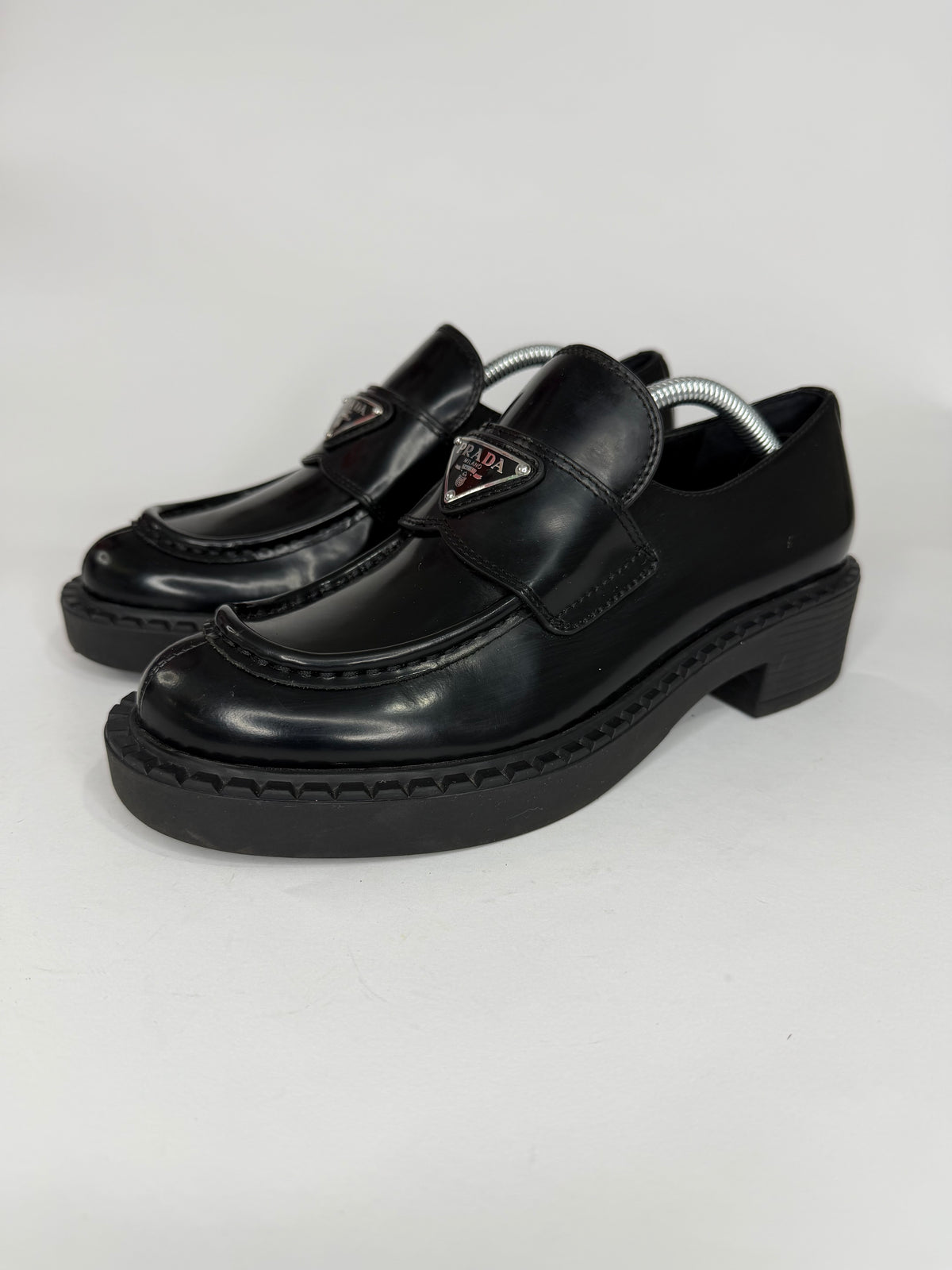 PRADA Vernice Metal Triangle Logo 50mm Loafers Size 37 EU/7 US/ 4 UK