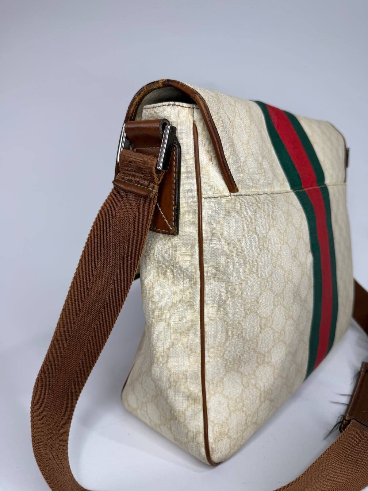 Gucci Vintage GG Supreme Beige Monogram Web Stripe Messenger Shoulder Bag
