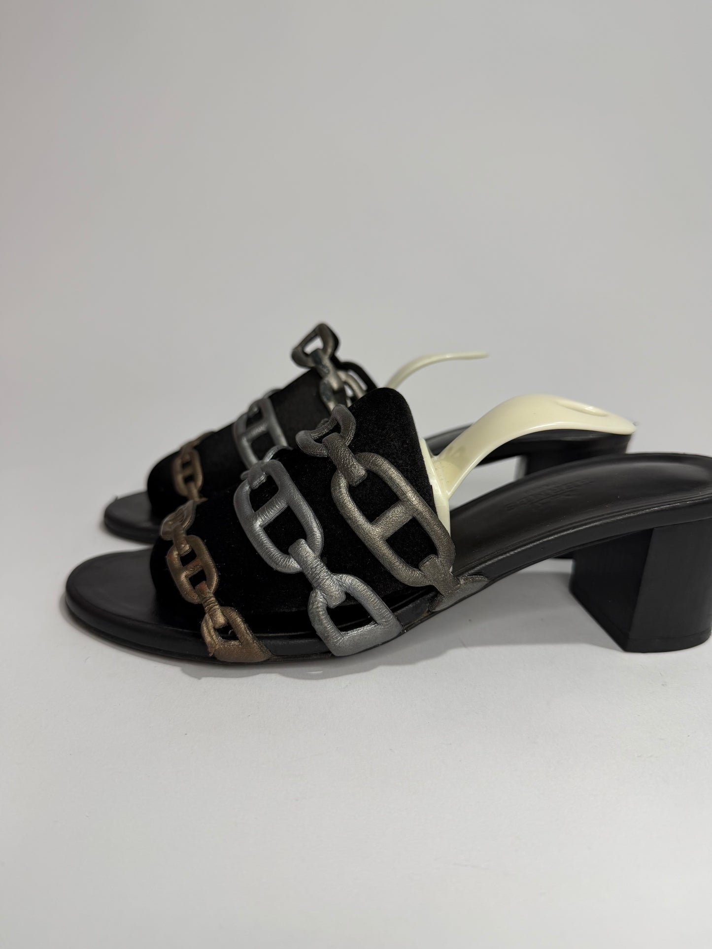 Hermes Silver Leather Tandem Slide Sandals Size 36.5 EU