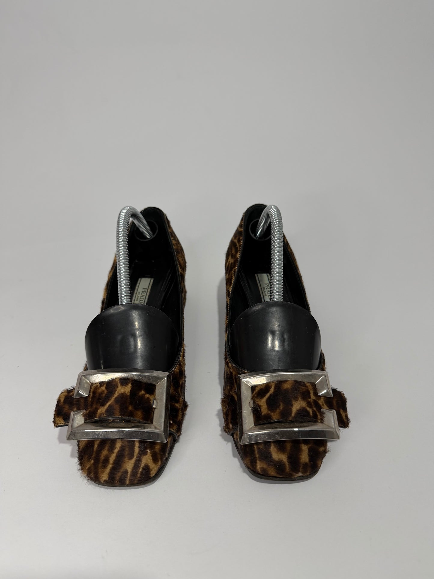 Prada Leopard Print Calf Hair Block Heel Pumps Buckle Square Toe Women’s EU 35 Made in Italy