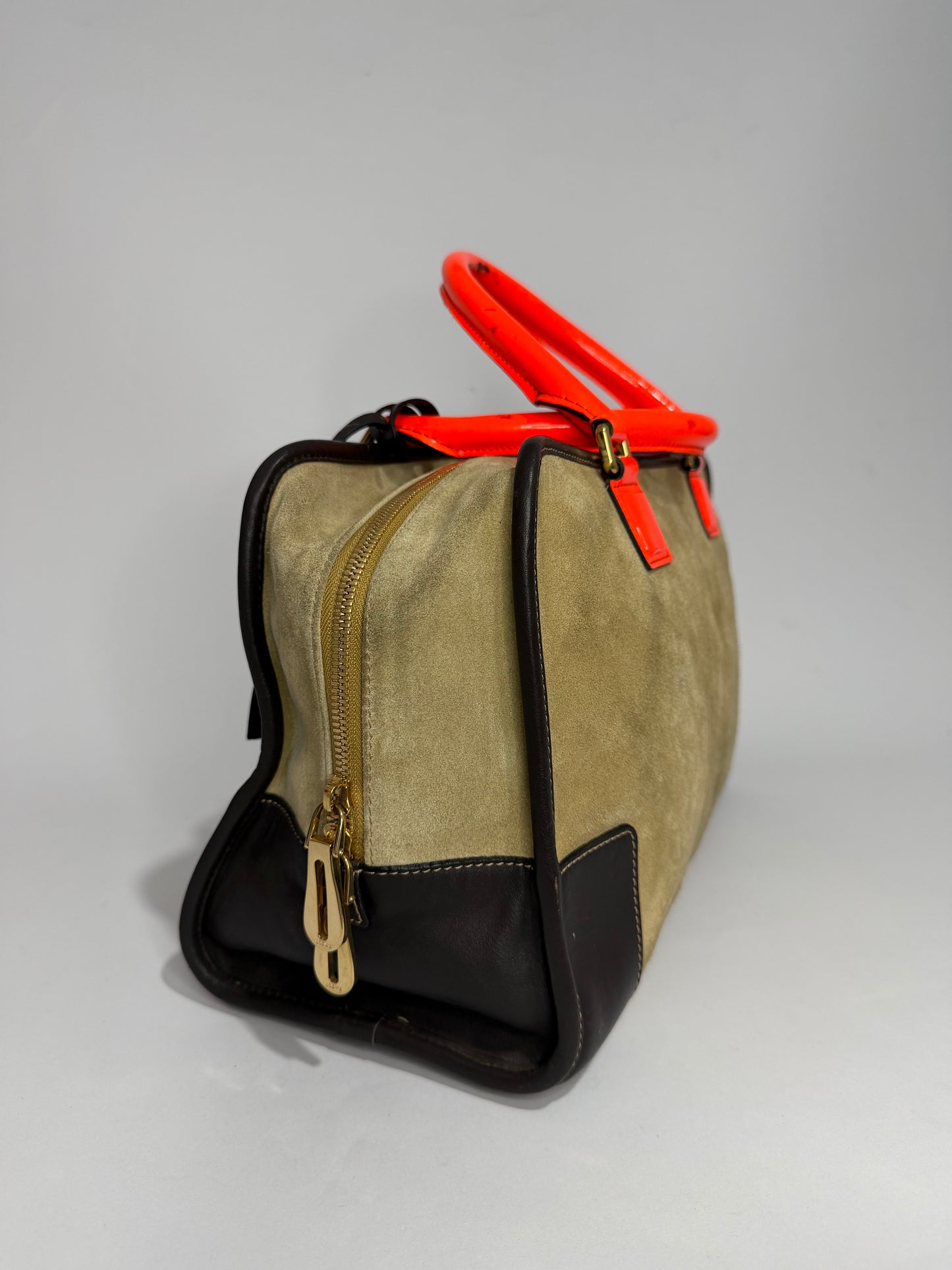 Loewe Amazona Suede & Leather Handbag Neon Orange Handles Beige Satchel Bag