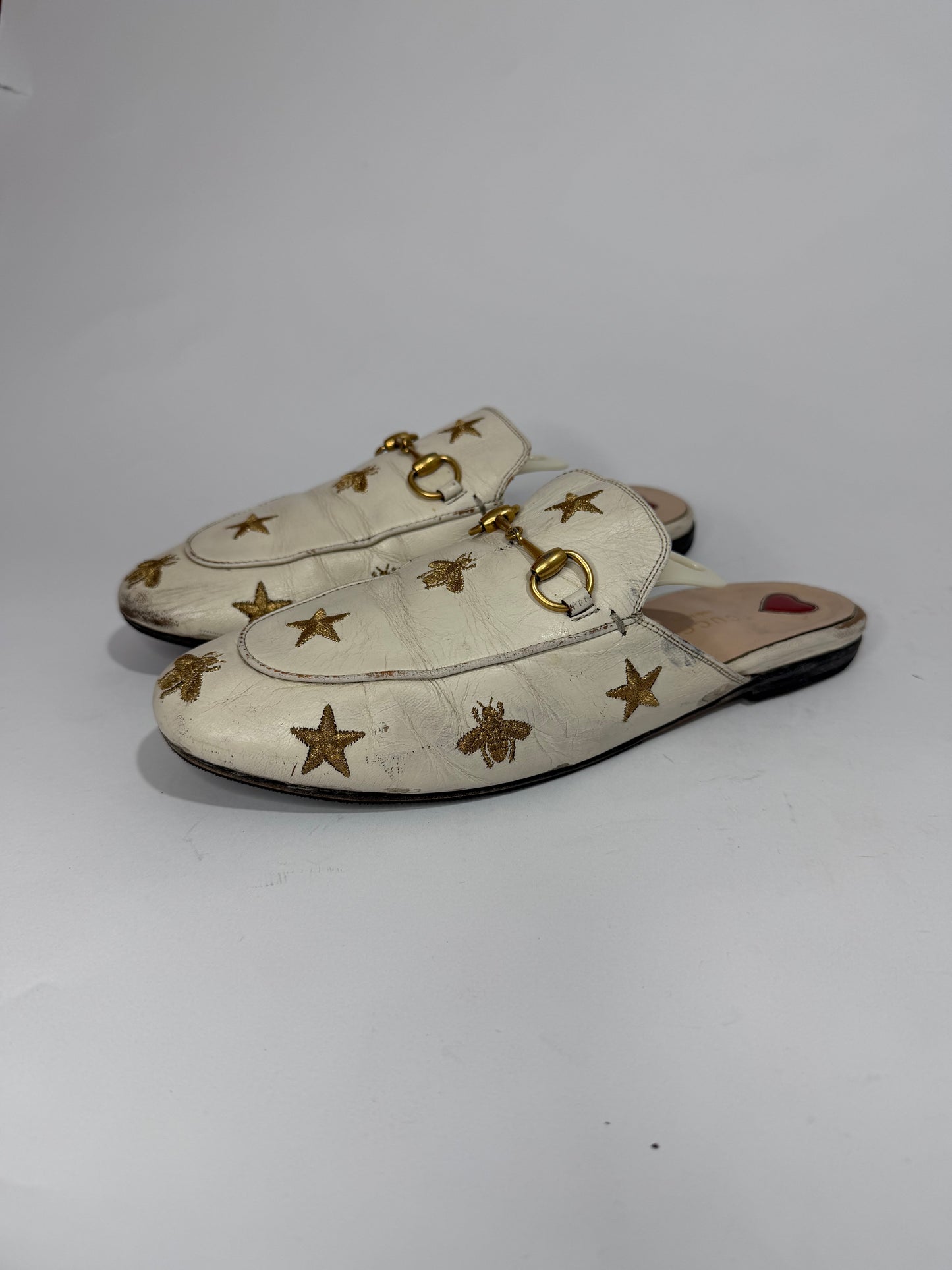 Gucci Cream Leather Bee and Star Embroidered Princetown Flat Mules Size 37.5 EU/ 7.5 US/