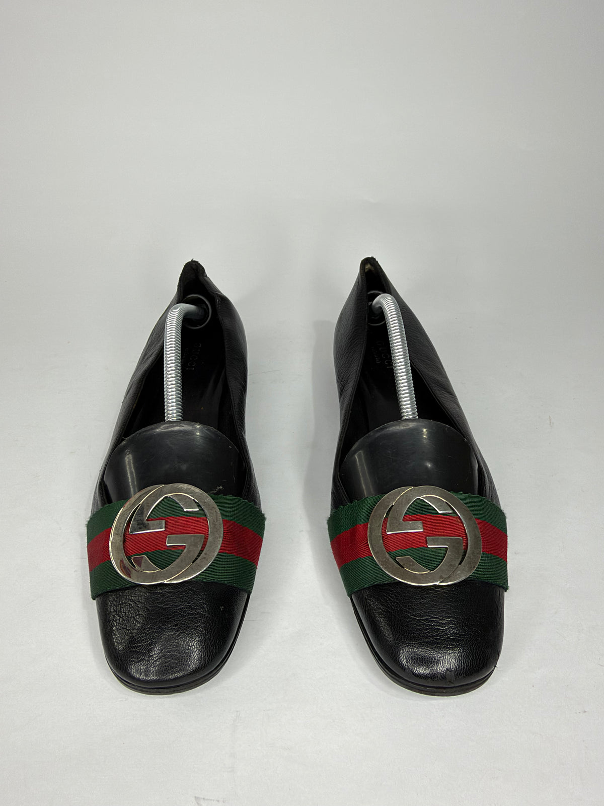 Gucci Black Leather GG Web Stripe Flats Loafers Made in Italy Size 38C
