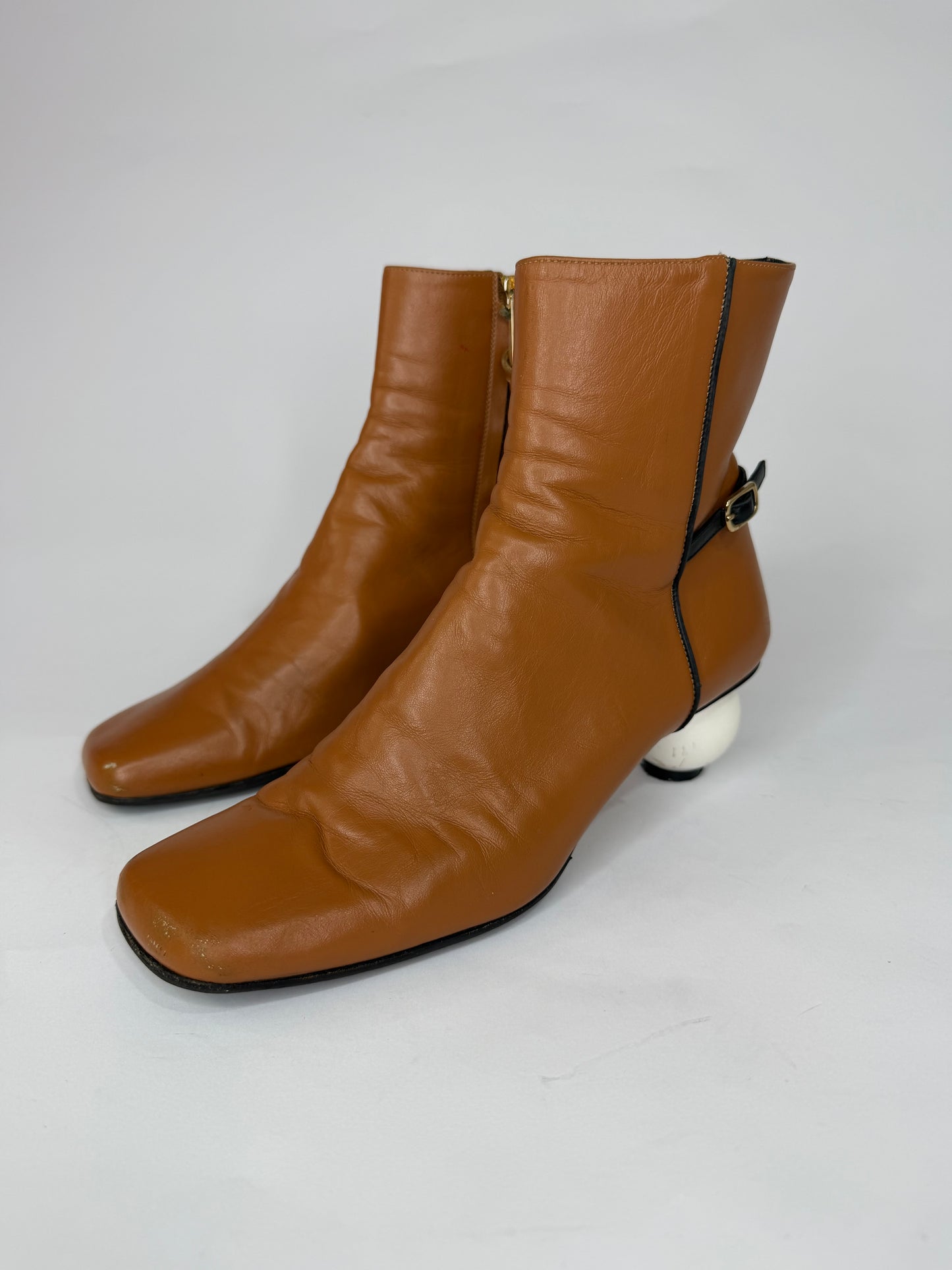 J.W. Anderson Tan Leather Ball-Heel Ankle Boots Size 37 EU/ 7 US / 4 UK