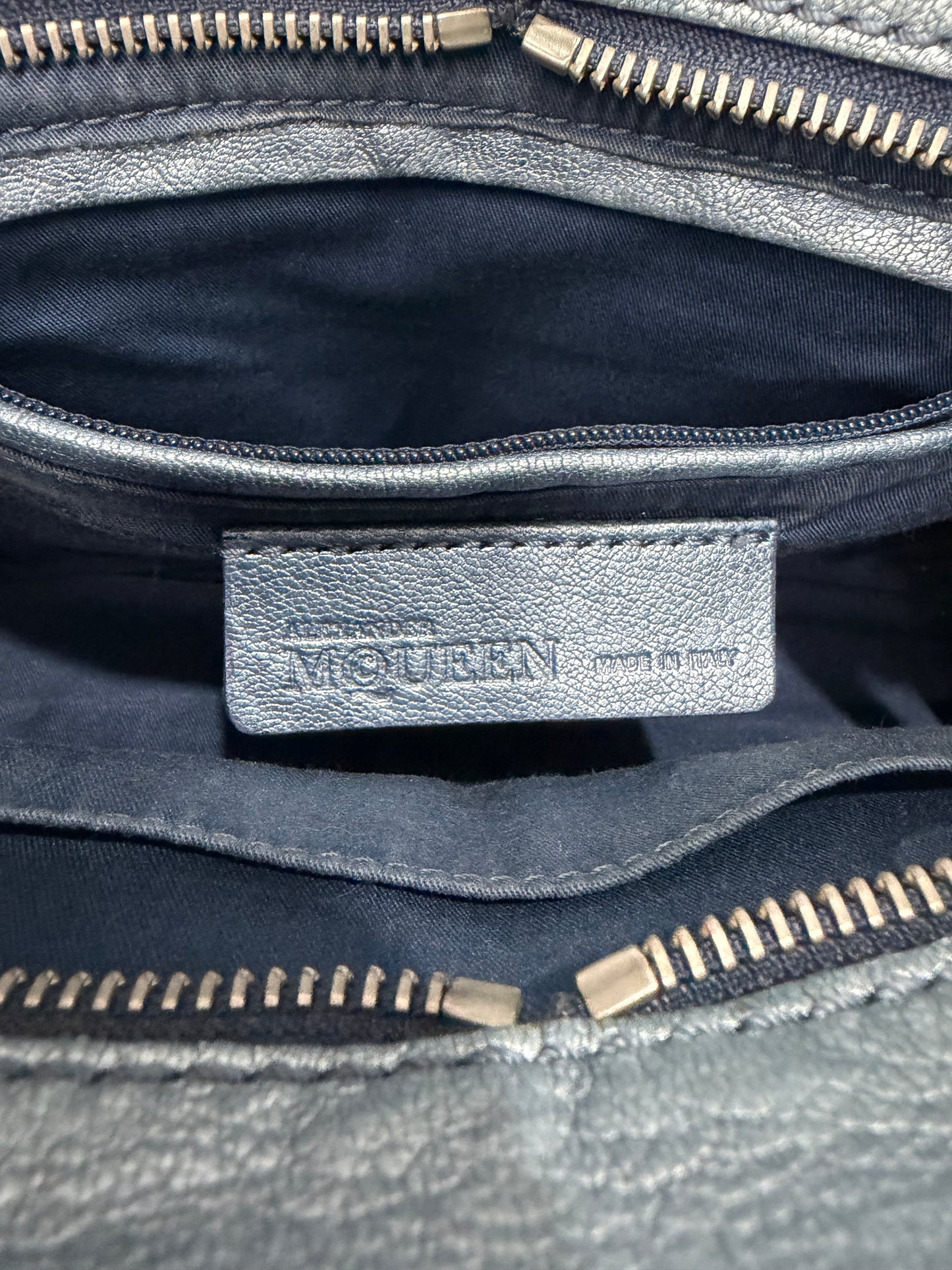 ALEXANDER MCQUEEN
Denim Floral Embroidered Small Skull Padlock Zip Around Tote Blue Multicolor