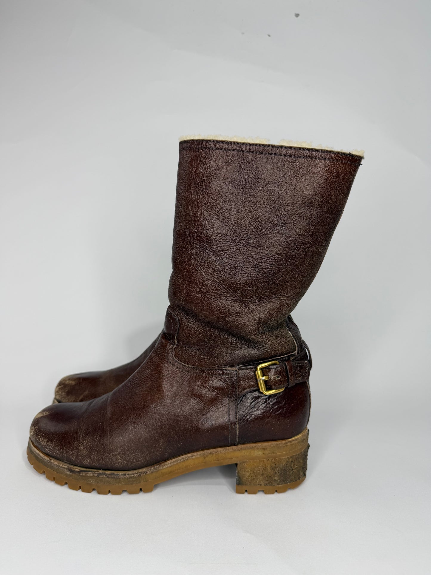 Vintage Prada Brown Leather Buckle Detail Mid Calf Length Boots Size 40 EU/ 10 US / 7 UK