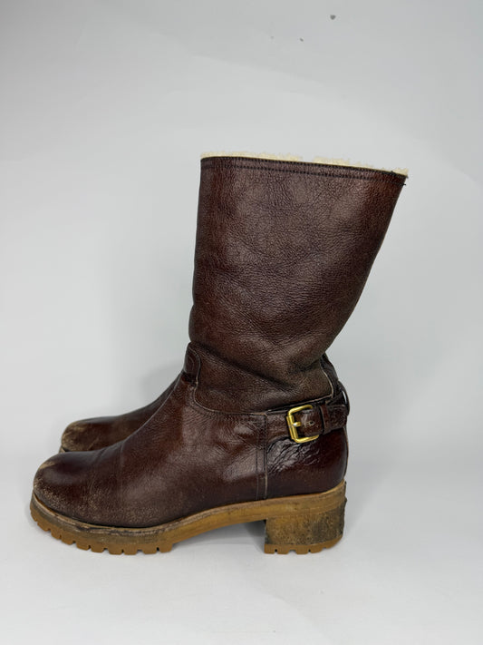 Vintage Prada Brown Leather Buckle Detail Mid Calf Length Boots Size 40 EU/ 10 US / 7 UK