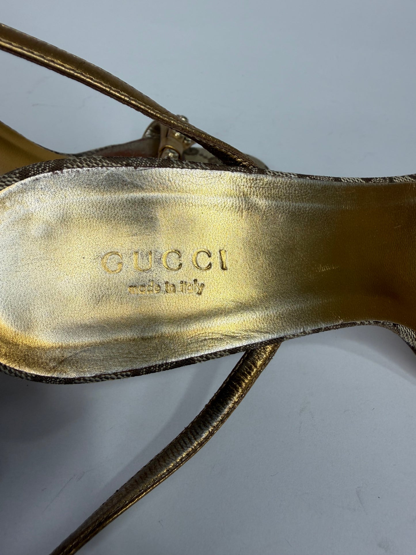 Gucci GG Canvas Gold Bow Ankle Strap Kitten Heel Sandals Women’s Size 36C