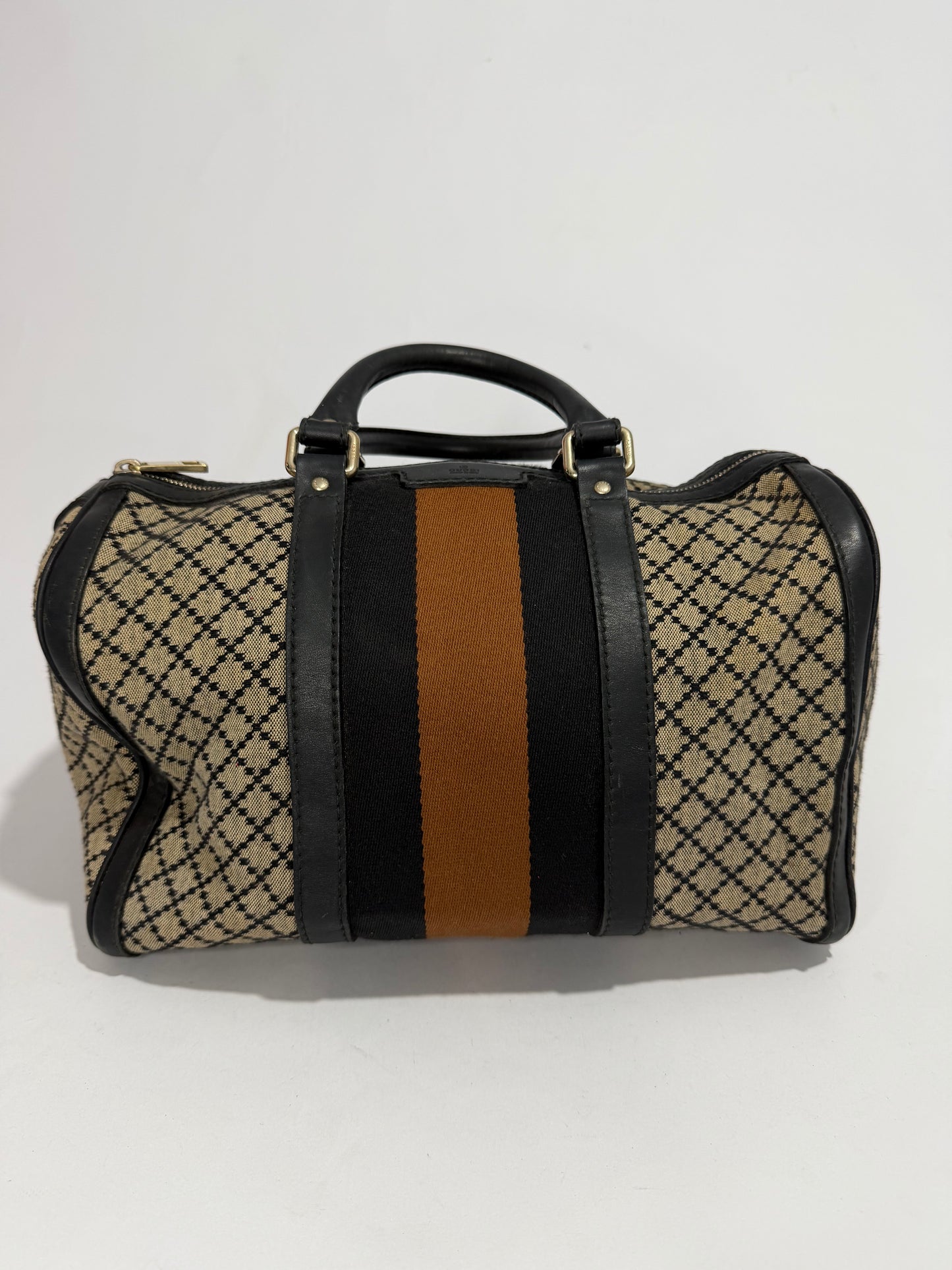 Gucci Black/Beige Diamante Canvas Medium Vintage Web Boston Bag