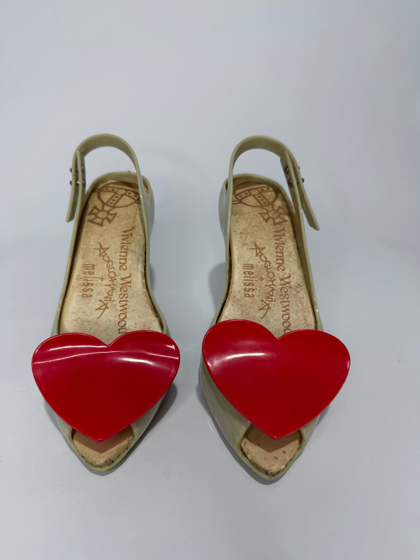 Vivienne Westwood x Melissa Anglomania Heart Slingback Heels Beige/Red PVC Pumps EU 36 US 6