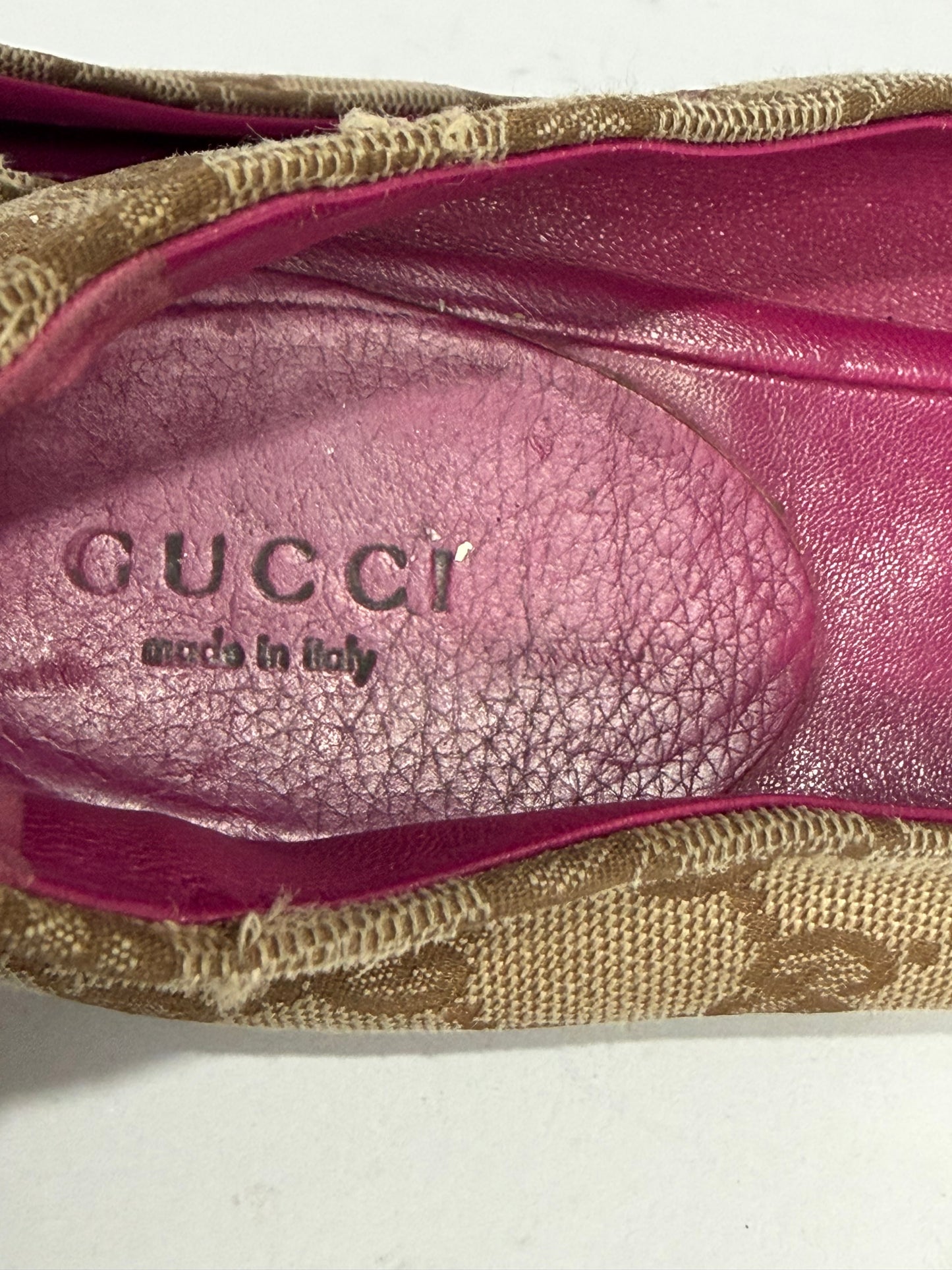 Gucci Beige/ Pink GG Canvas Bamboo Bow Tassel Ballet Flats Size 38