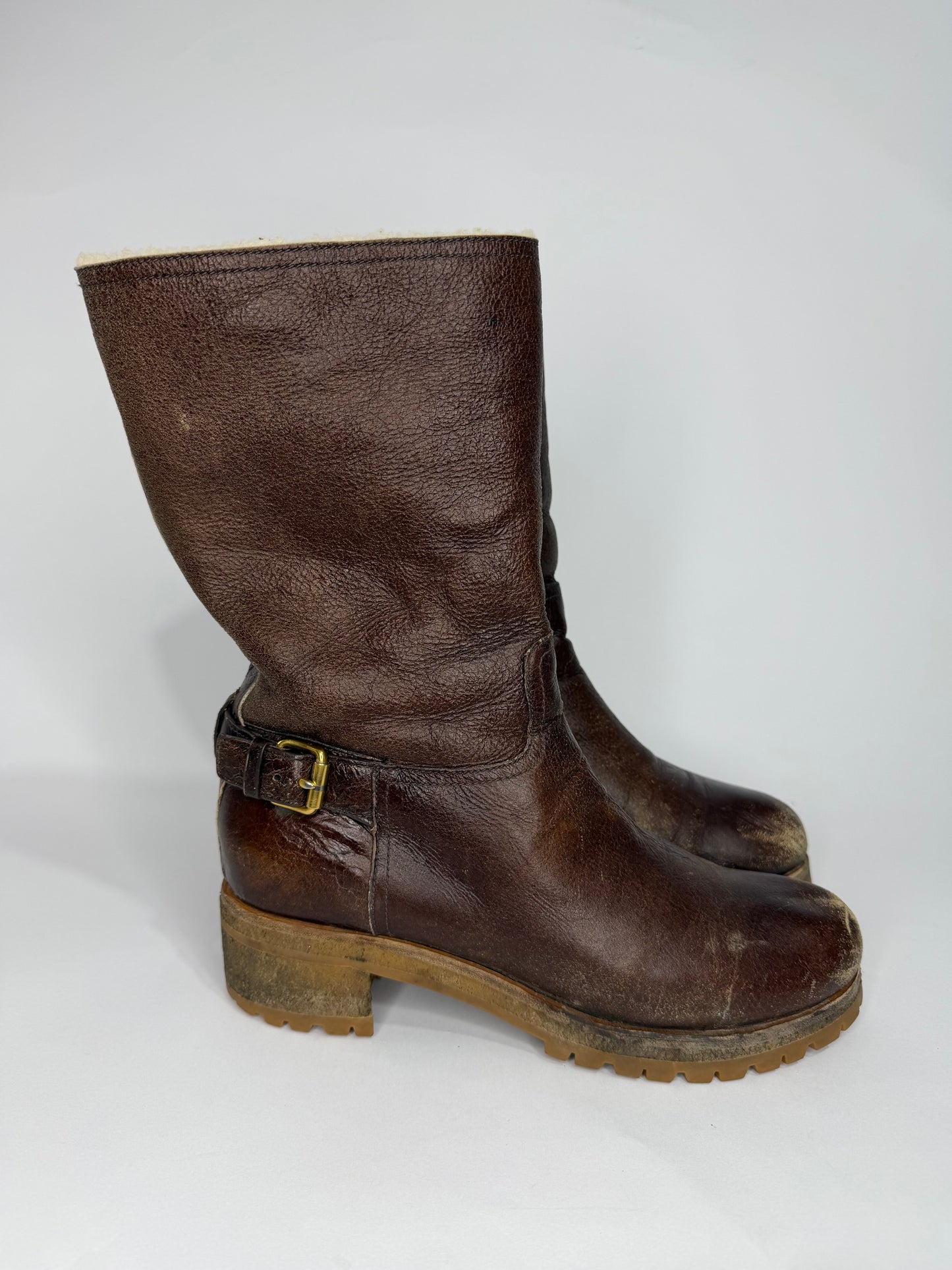 Prada Brown Shearling-Lined Leather Engineer Boots Buckle Moto Lug Sole Women’s EU 42