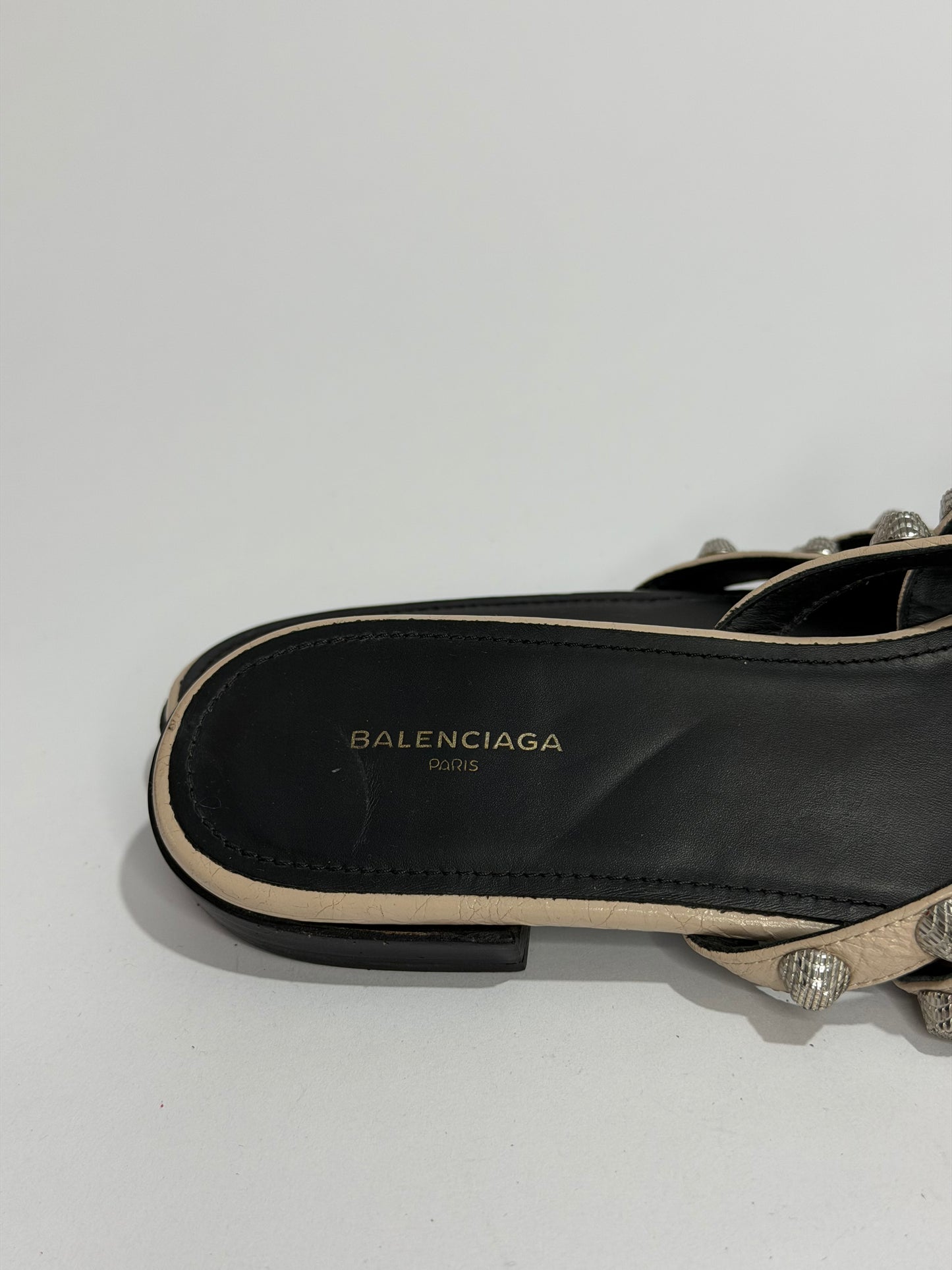 Balenciaga Beige Leather Arena Giant Studded Flat Slides Size 36