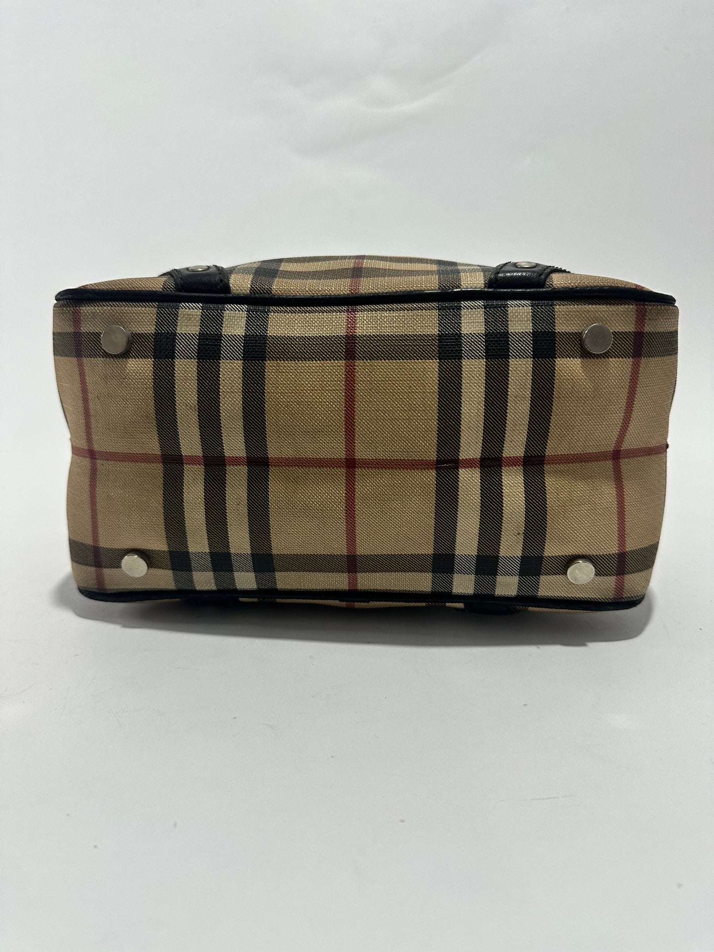 BURBERRY
Beige Nova Check Coated Canvas Small Top Handle Bowling Bag