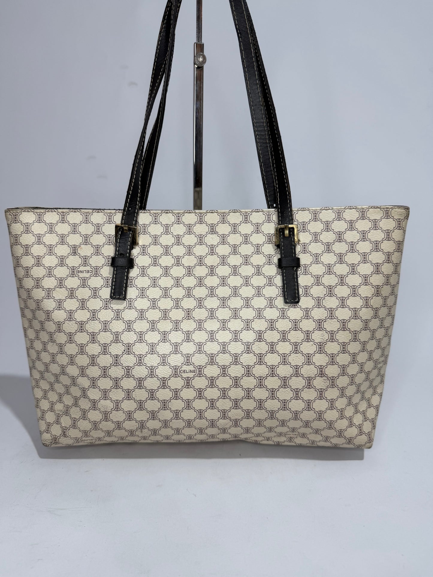 CELINE Macadam Monogram Coated Canvas Tote Bag Cream/Black