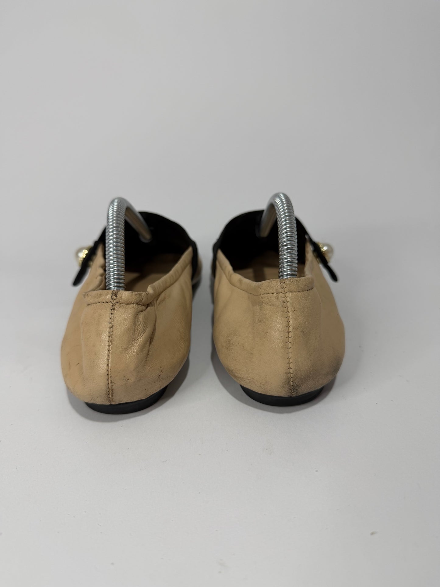 CHANEL Beige & Black Leather Mary Jane Cap Toe Ballet Flats Pearl Button Size EU 36