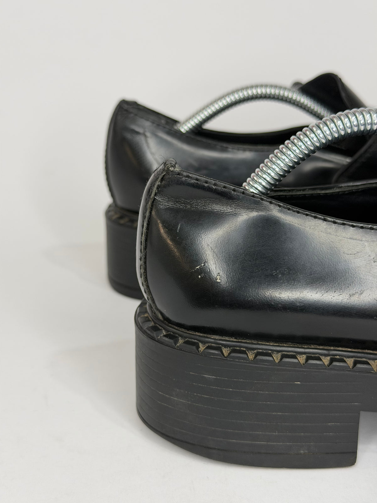 PRADA Vernice Metal Triangle Logo 50mm Loafers Size 38 EU/8 US/ 5 UK