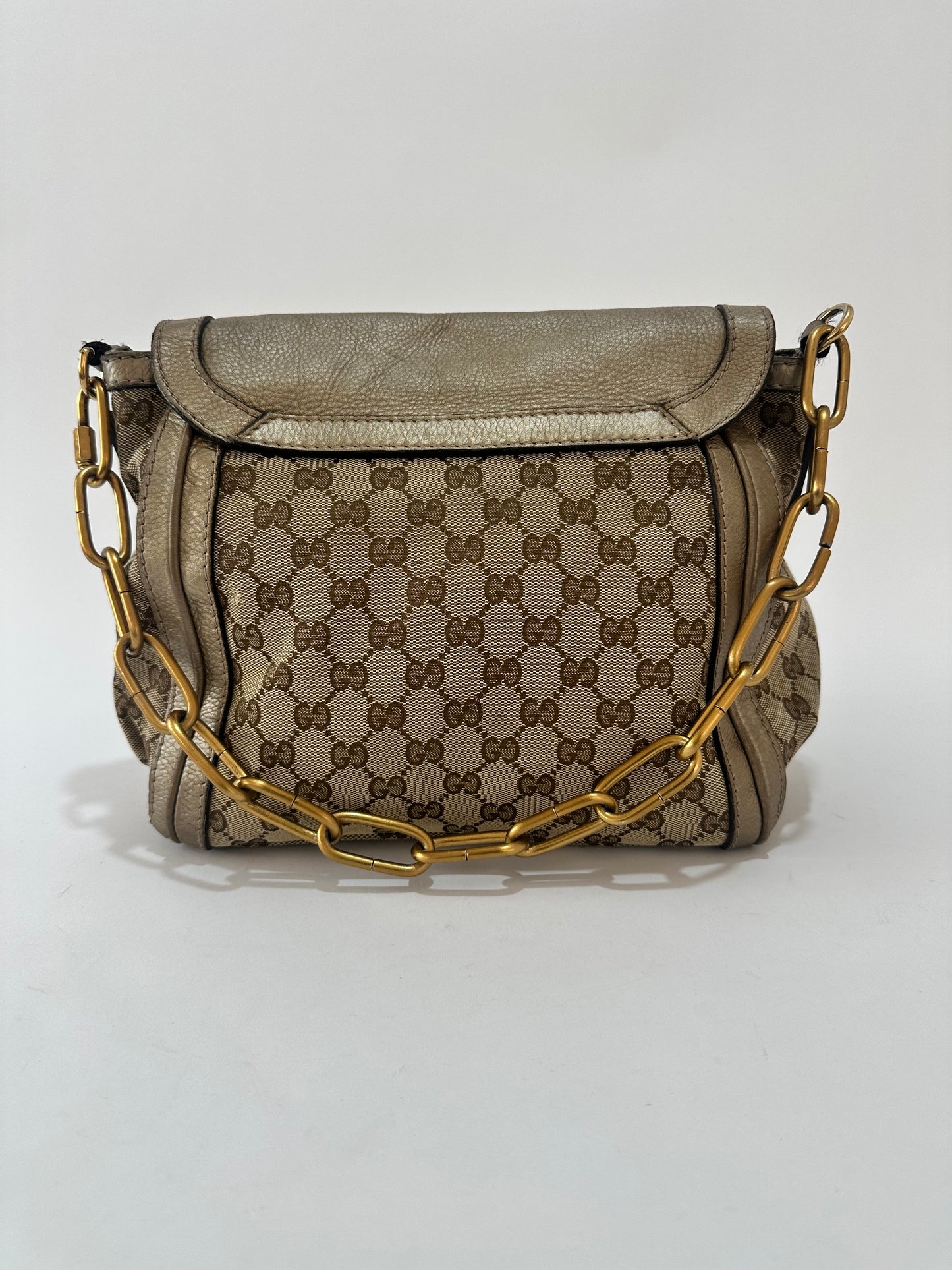 Gucci Beige/Gold GG Canvas and Leather Bella Flap Bag