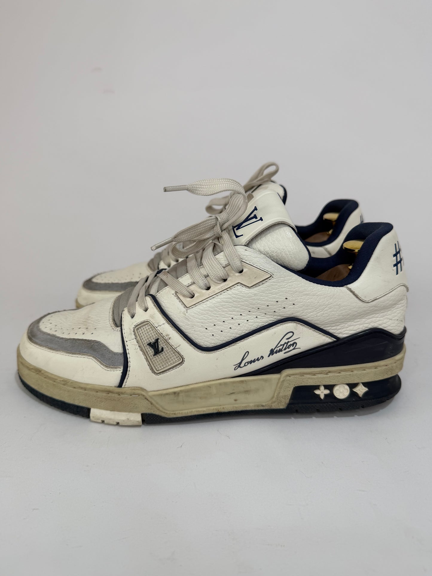 Louis Vuitton White/Blue Leather and Suede LV Trainer Sneakers Size 8.5 UK/ 9.5 US
