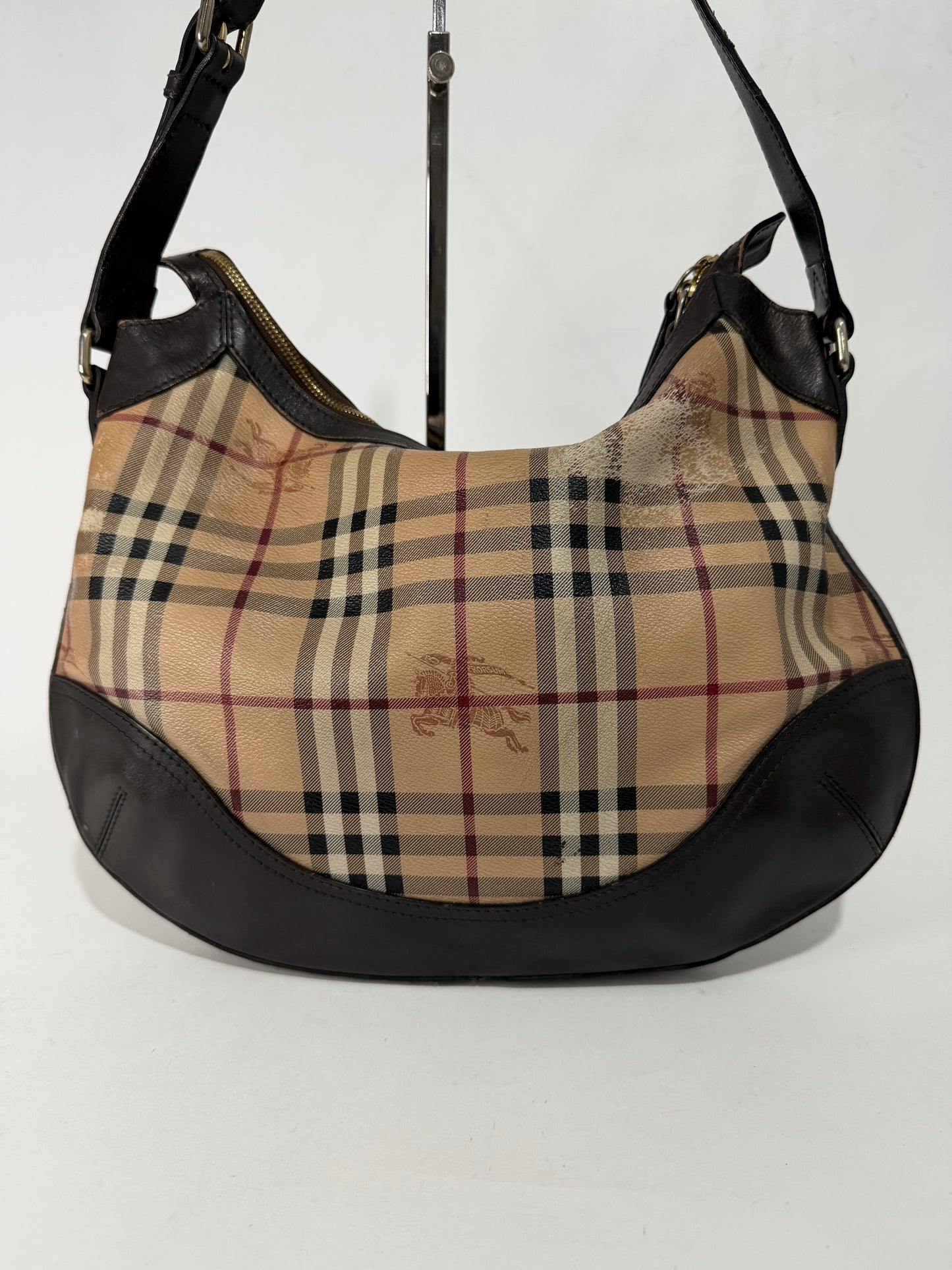 BURBERRY
Chocolate Leather Haymarket Check Coated Canvas Dachett Medium Hobo Bag