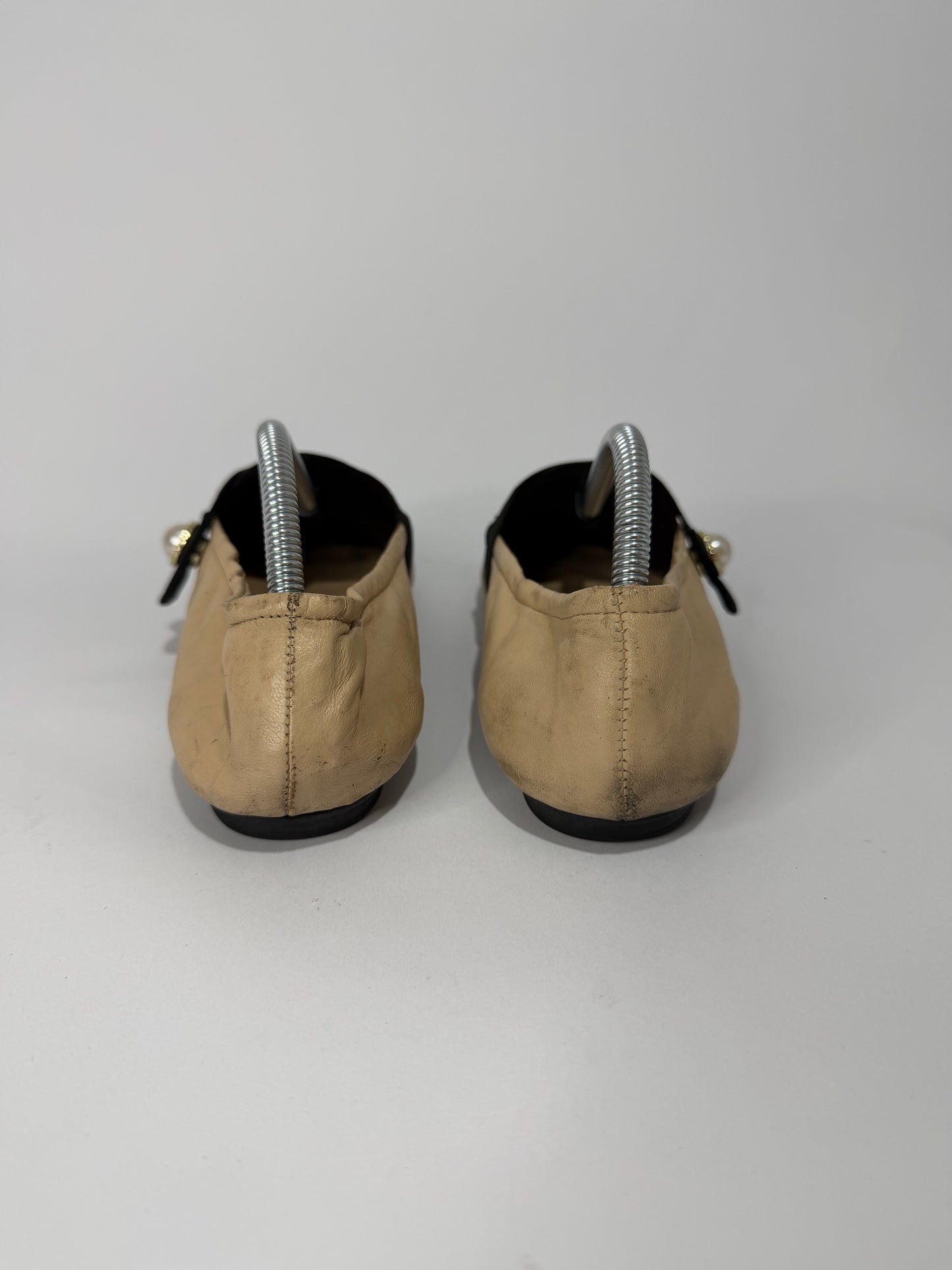 CHANEL Beige & Black Leather Mary Jane Cap Toe Ballet Flats Pearl Button Size EU 36