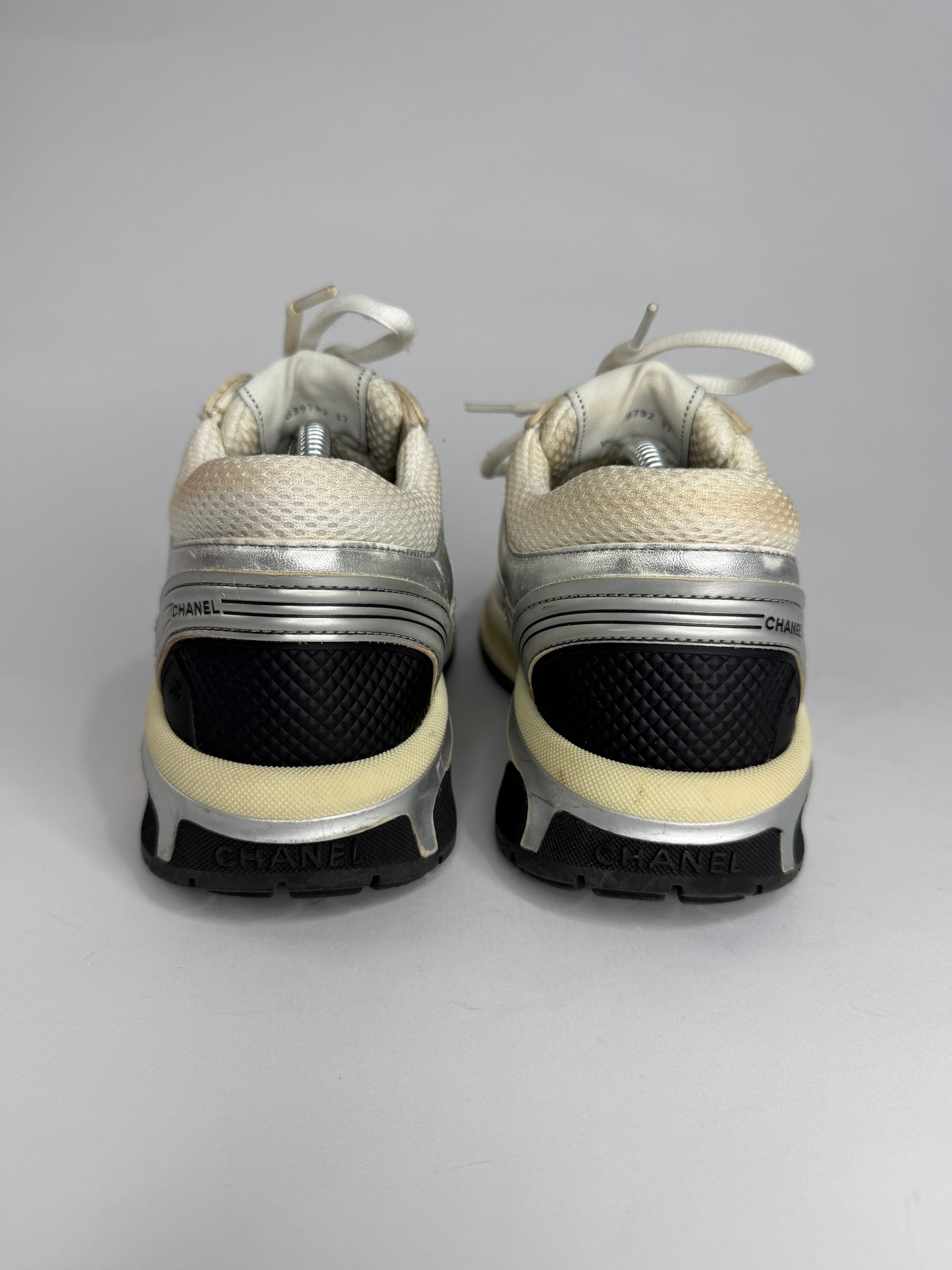 Chanel CC  Silver/White Leather and Mesh Low Top Sneakers