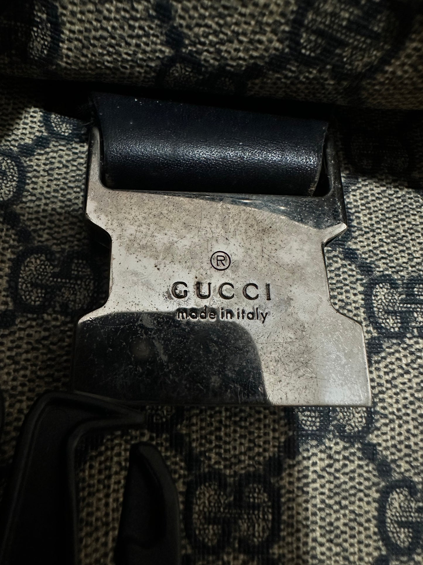GUCCI  GG Plus Monogram Medium Double Buckle Flap Messenger Bag Beige Navy