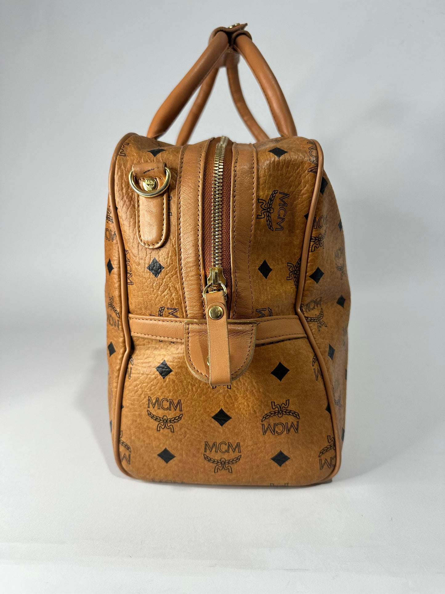 MCM Cognac Visetos Canvas Boston Bag