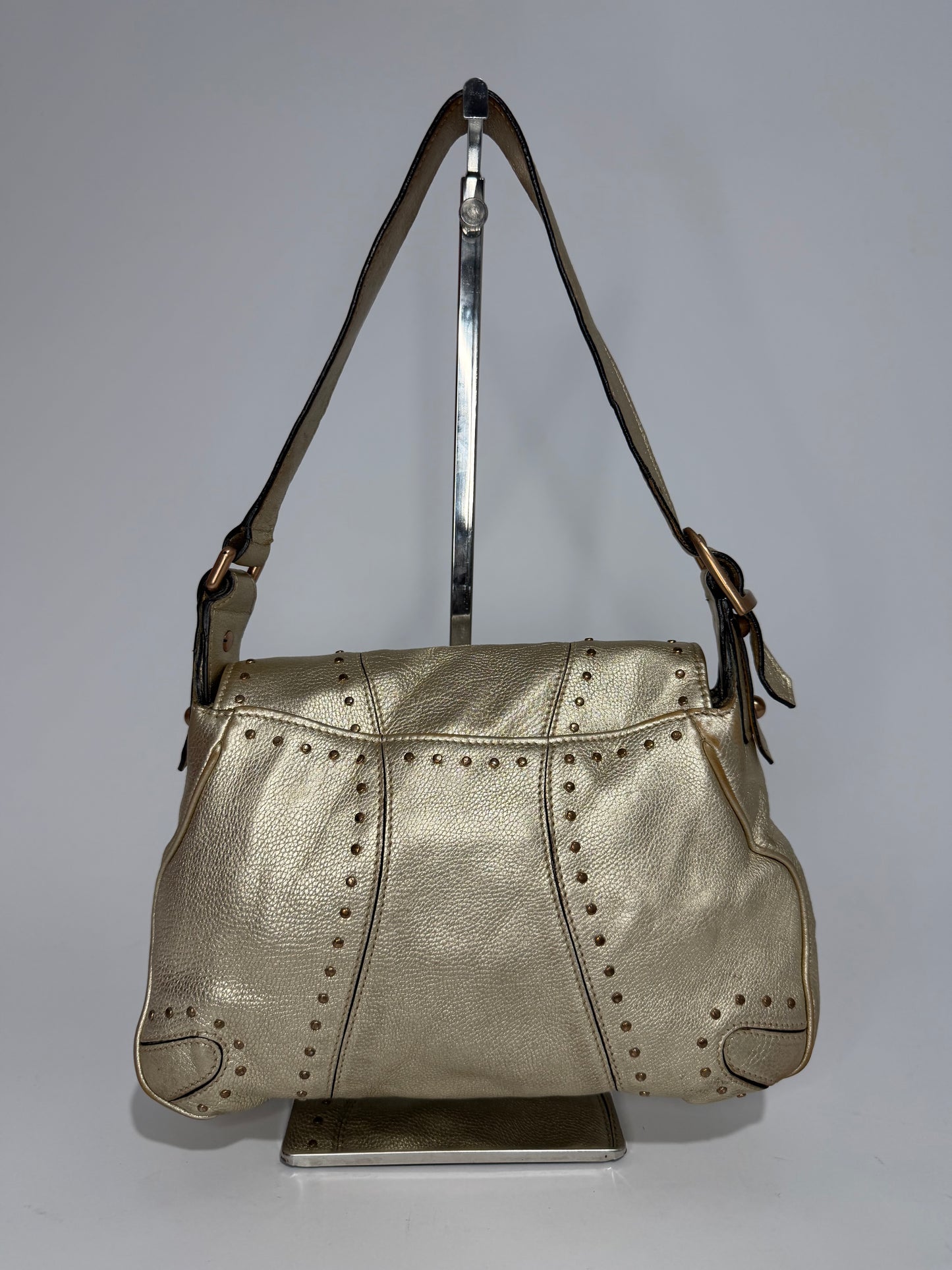 GUCCI X Tom Ford
Metallic Calfskin Horsebit Chain Studded Flap Shoulder Bag Gold