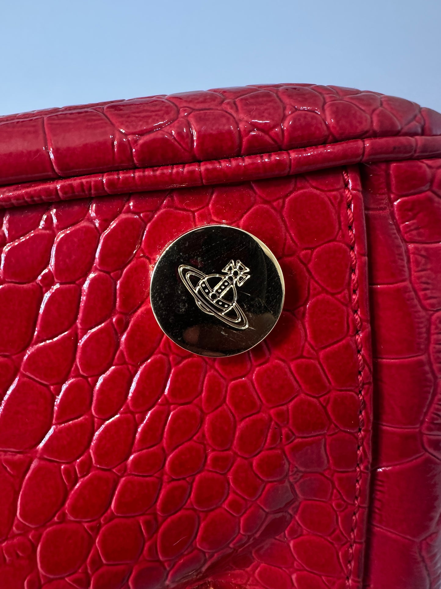 Vivienne Westwood Red Croc-Embossed Bowler Bag w/ Oversized Gold Glitter Orb Logo
