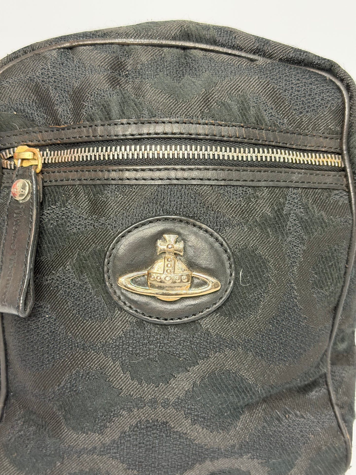 Vivienne Westwood Orb Jacquard Mini Crossbody Bag – Black Canvas & Leather Trim