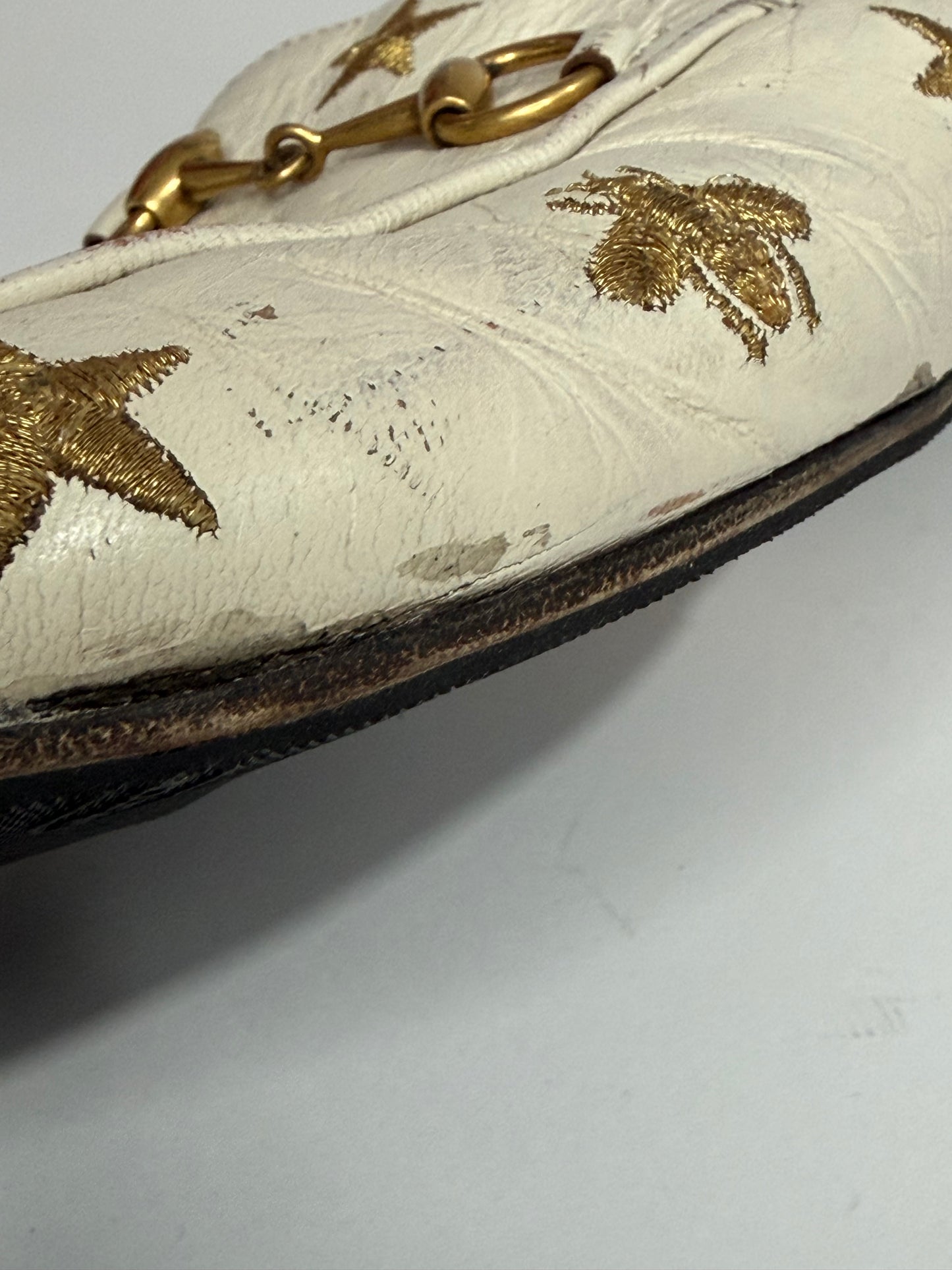 Gucci Cream Leather Bee and Star Embroidered Princetown Flat Mules Size 37.5 EU/ 7.5 US/