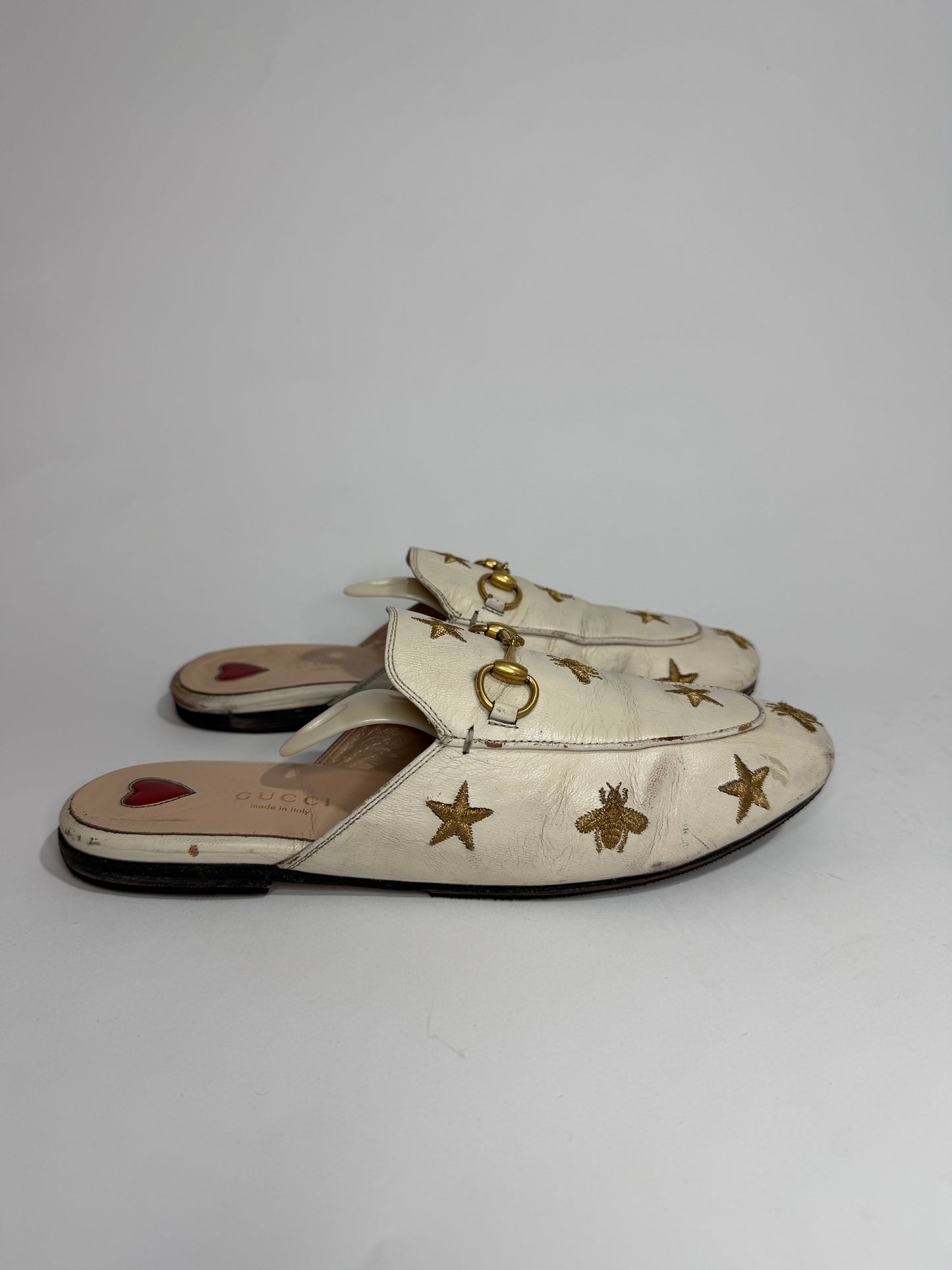 Gucci Cream Leather Bee and Star Embroidered Princetown Flat Mules Size 37.5 EU/ 7.5 US/