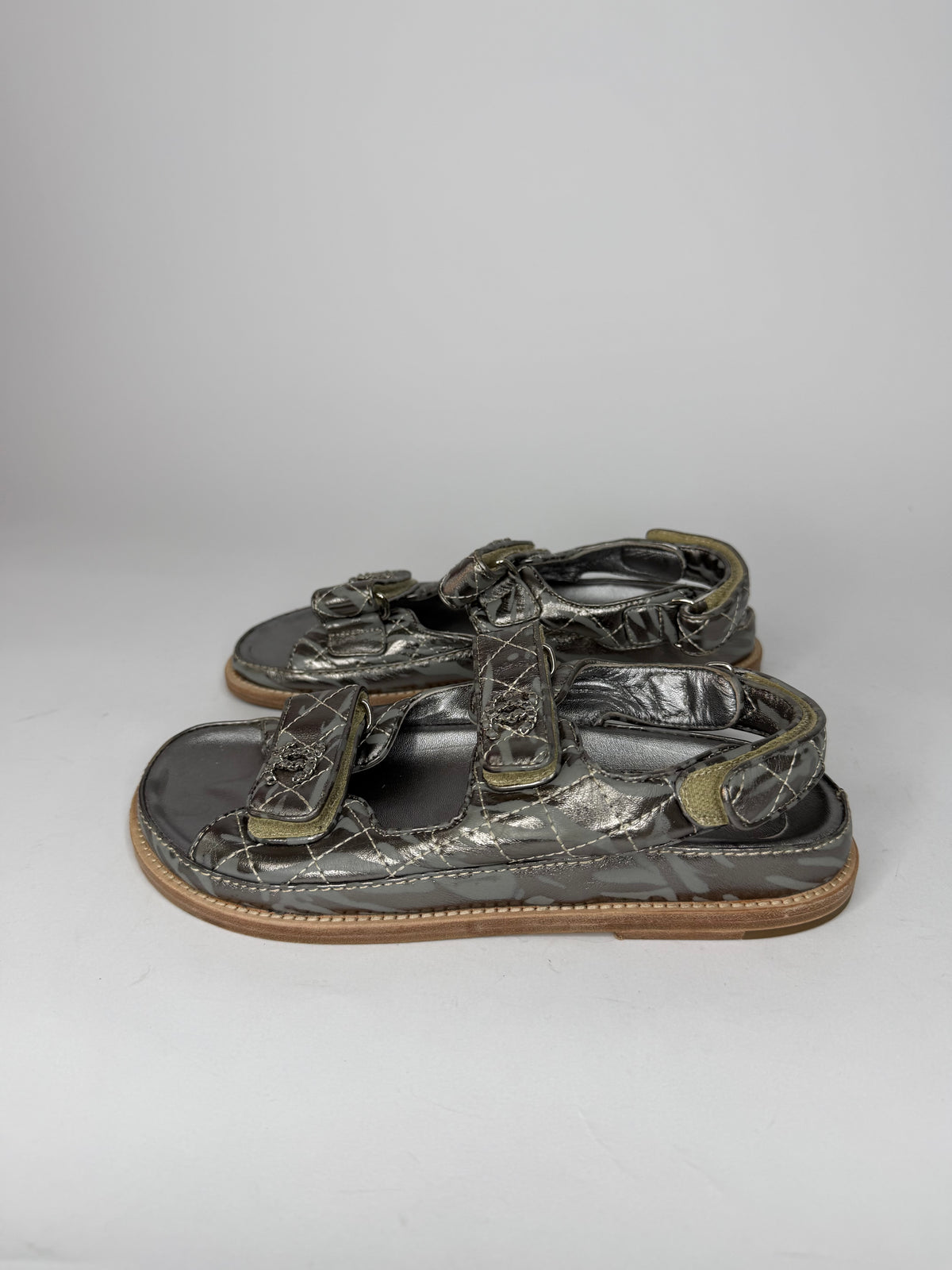 Chanel Metallic Silver Quilted CC Logo Double-Strap Sandals Size 38 EU/ 8 US