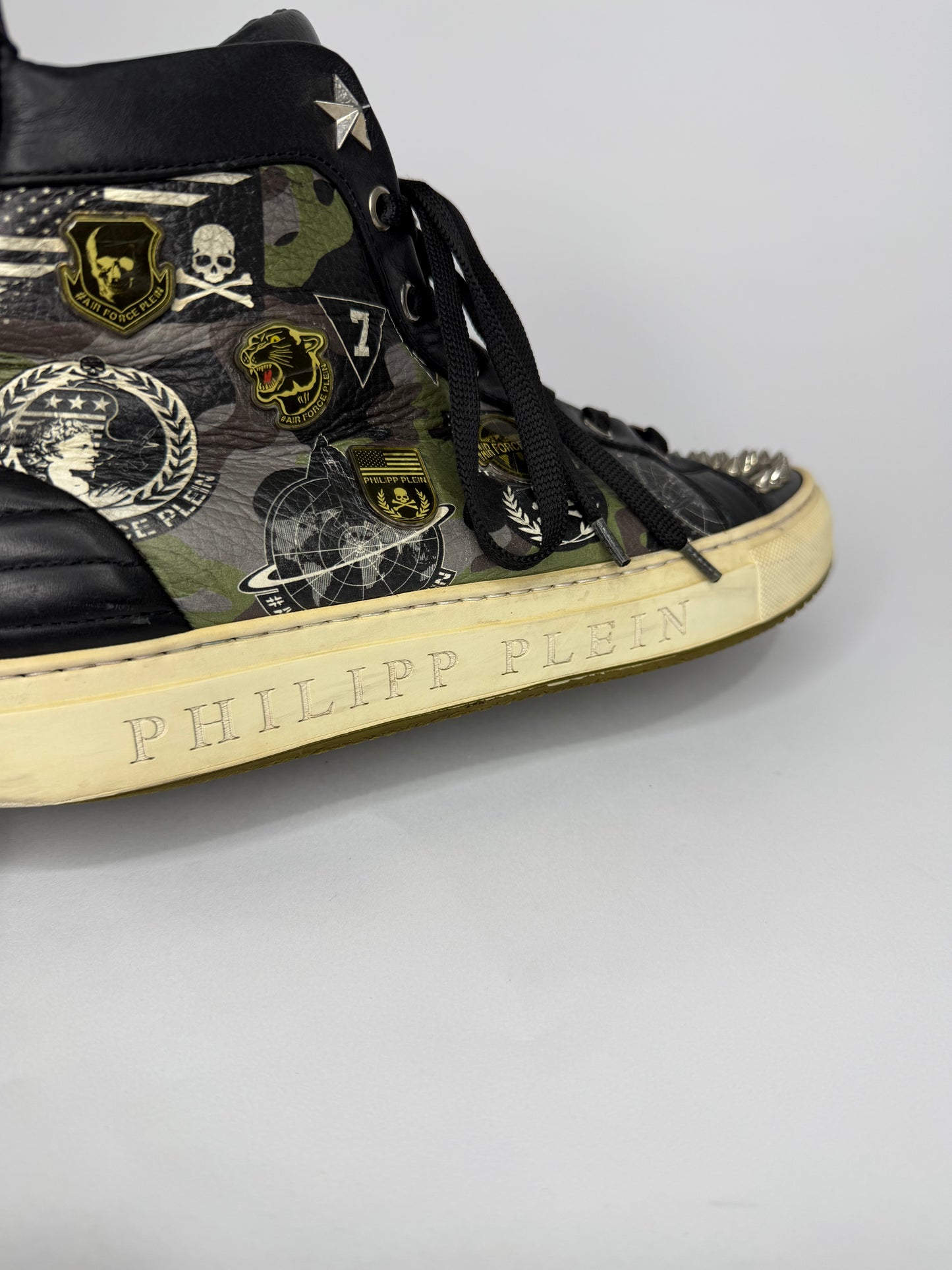 Philipp Plein Studded High-Top Sneakers Black Camo Leather Military Print Men’s EU 42