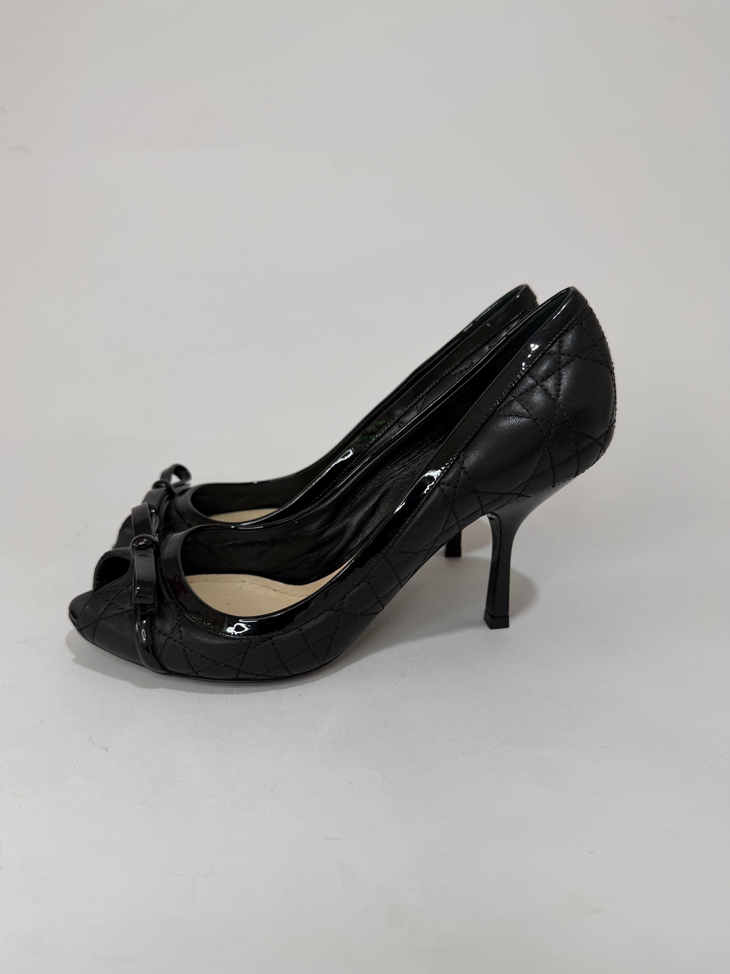Dior Black Quilted Cannage Leather And Patent Bow Detail Peep Toe Pumps Size 38EU/ 8 US / 5UK