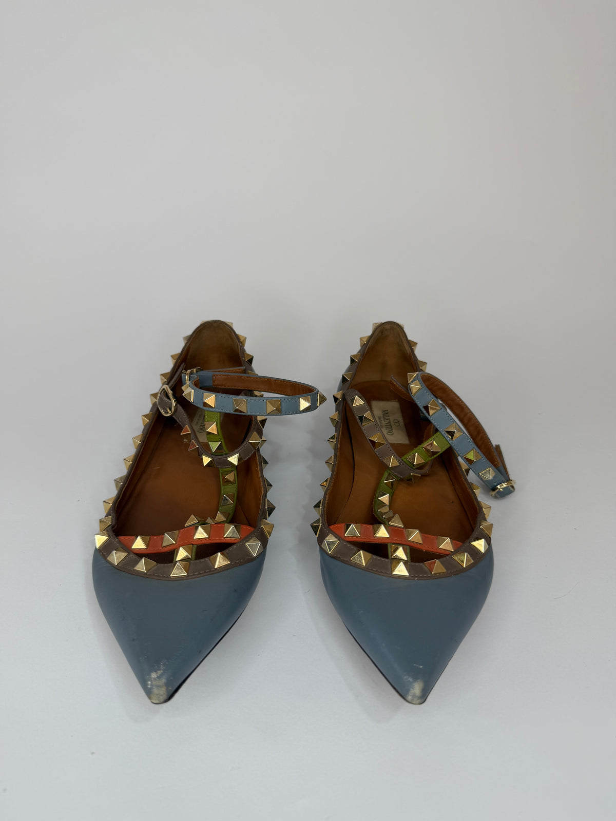 Valentino Light Blue/Brown Leather Rockstud Flats Size 36 EU/ 6 US