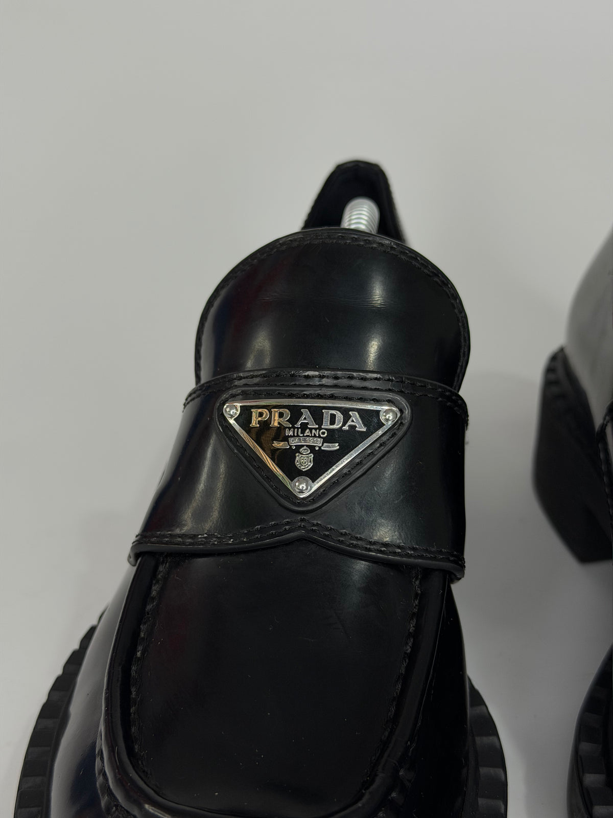 PRADA Vernice Metal Triangle Logo 50mm Loafers Size 37 EU/7 US/ 4 UK
