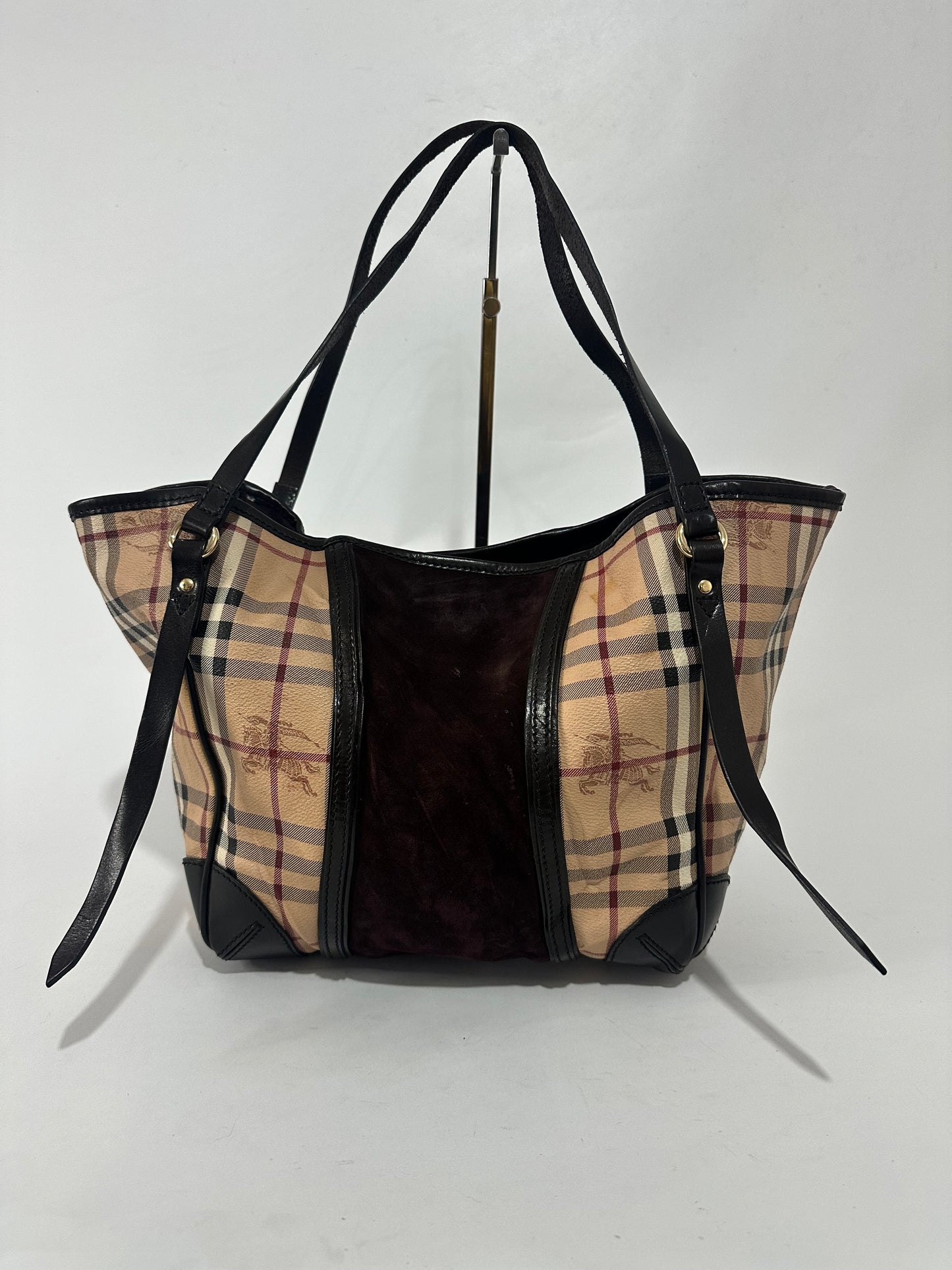 Burberry Beige Brown Haymarket Coated Canvas and Suede Canterbury Tote