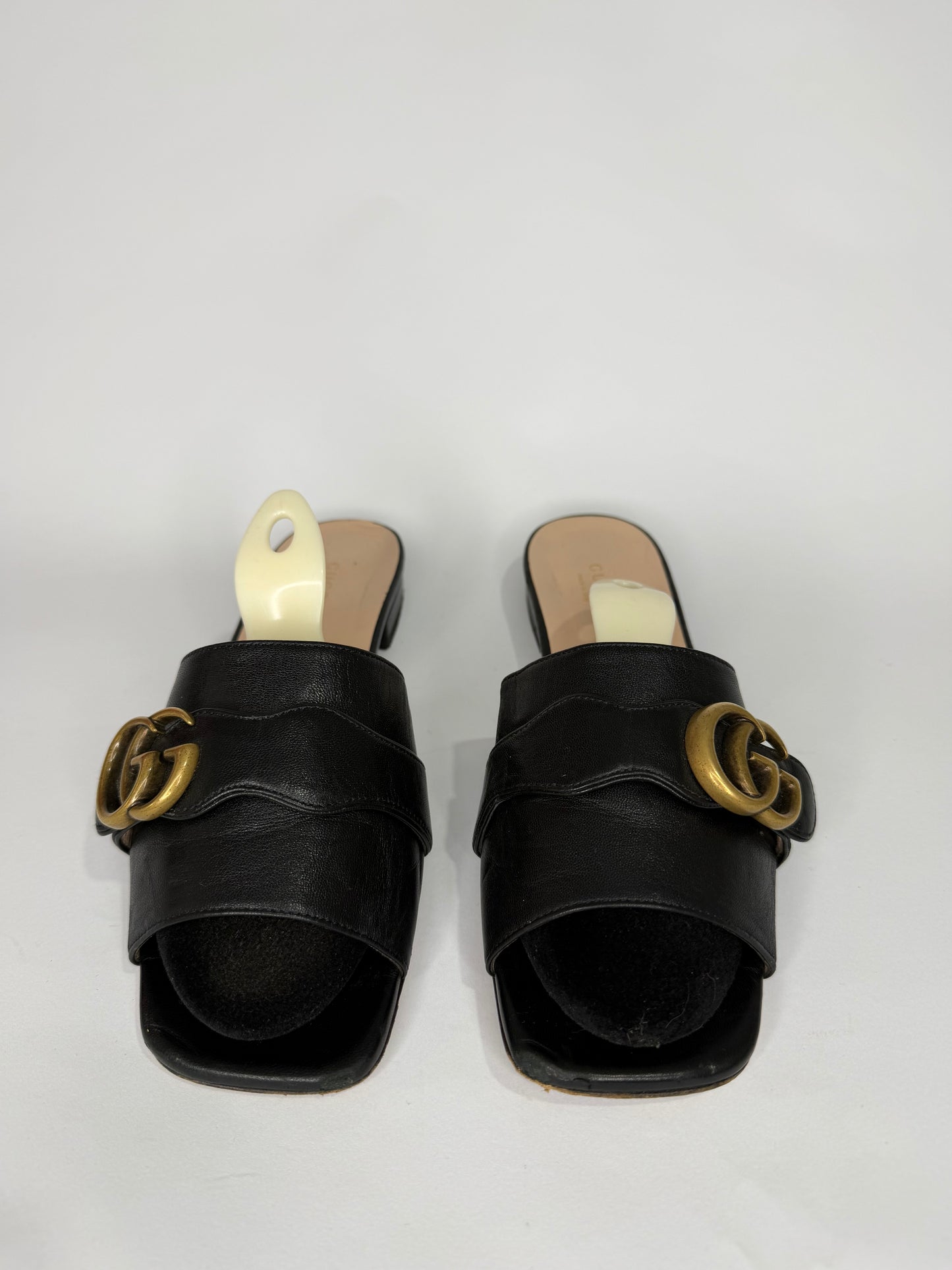 Gucci Black Leather GG Malaga Kid Flat Mules Size 37.5 EU/ 7.5 US