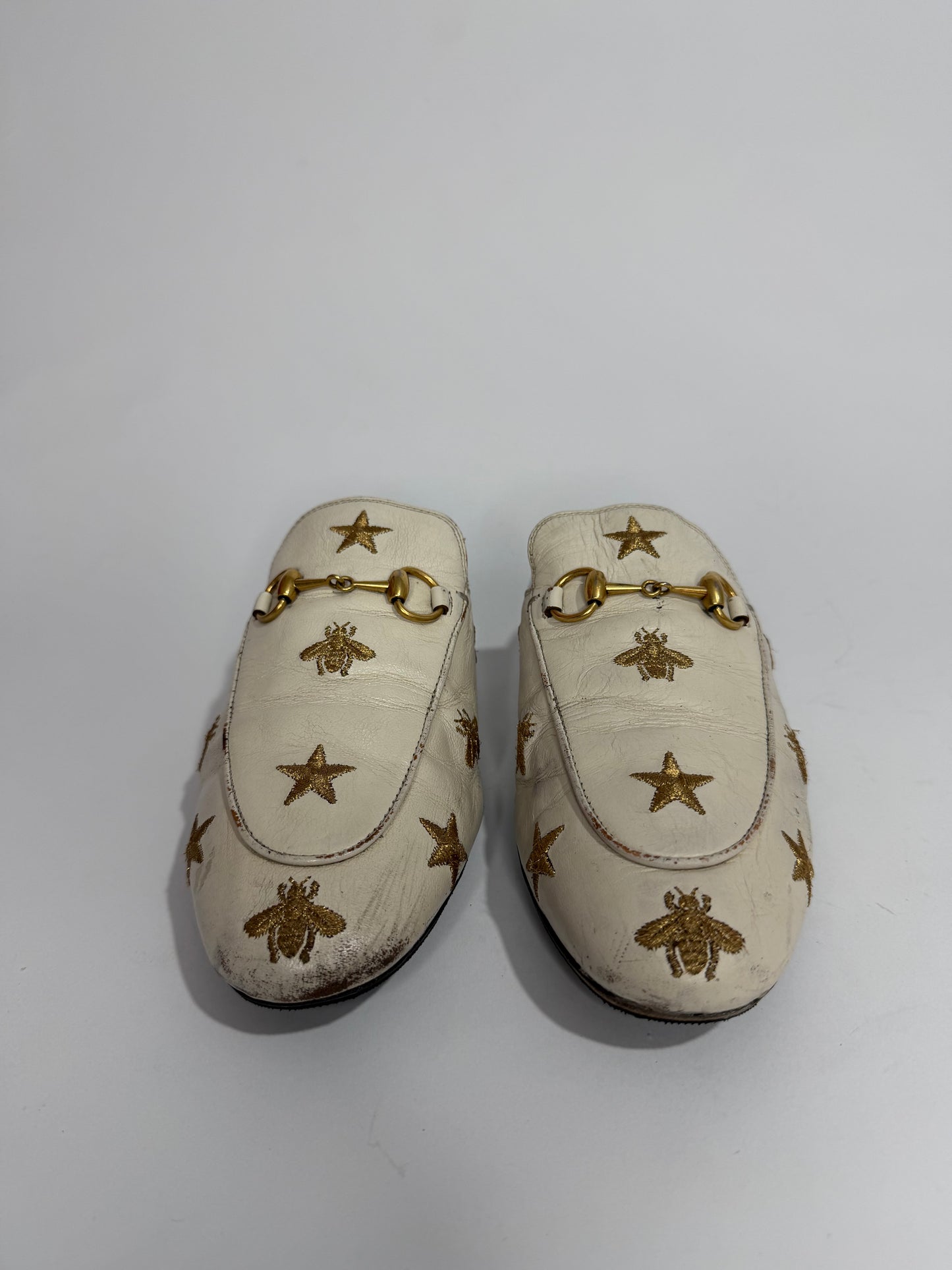 Gucci Cream Leather Bee and Star Embroidered Princetown Flat Mules Size 37.5 EU/ 7.5 US/