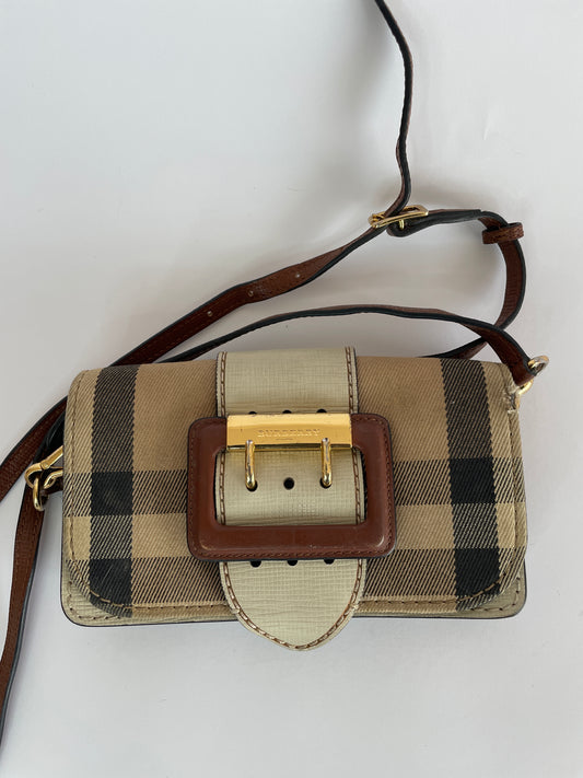 Burberry Beige/BrownHouse Check Canvas and Leather Small Bridle Madison Buckle Bag