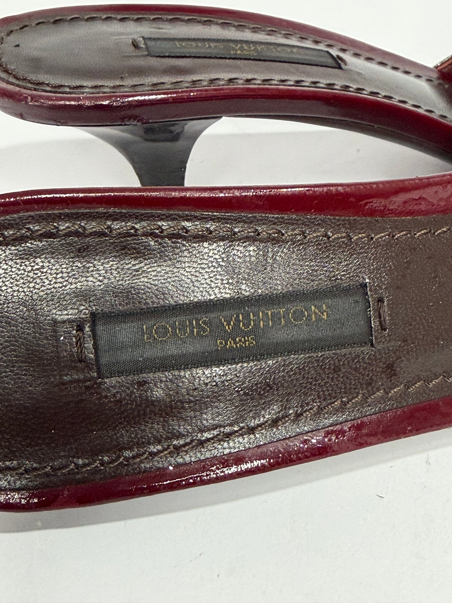Louis Vuitton Patent Leather Fringe Mule Heels – Burgundy / Bordeaux with Gold LV Hardware